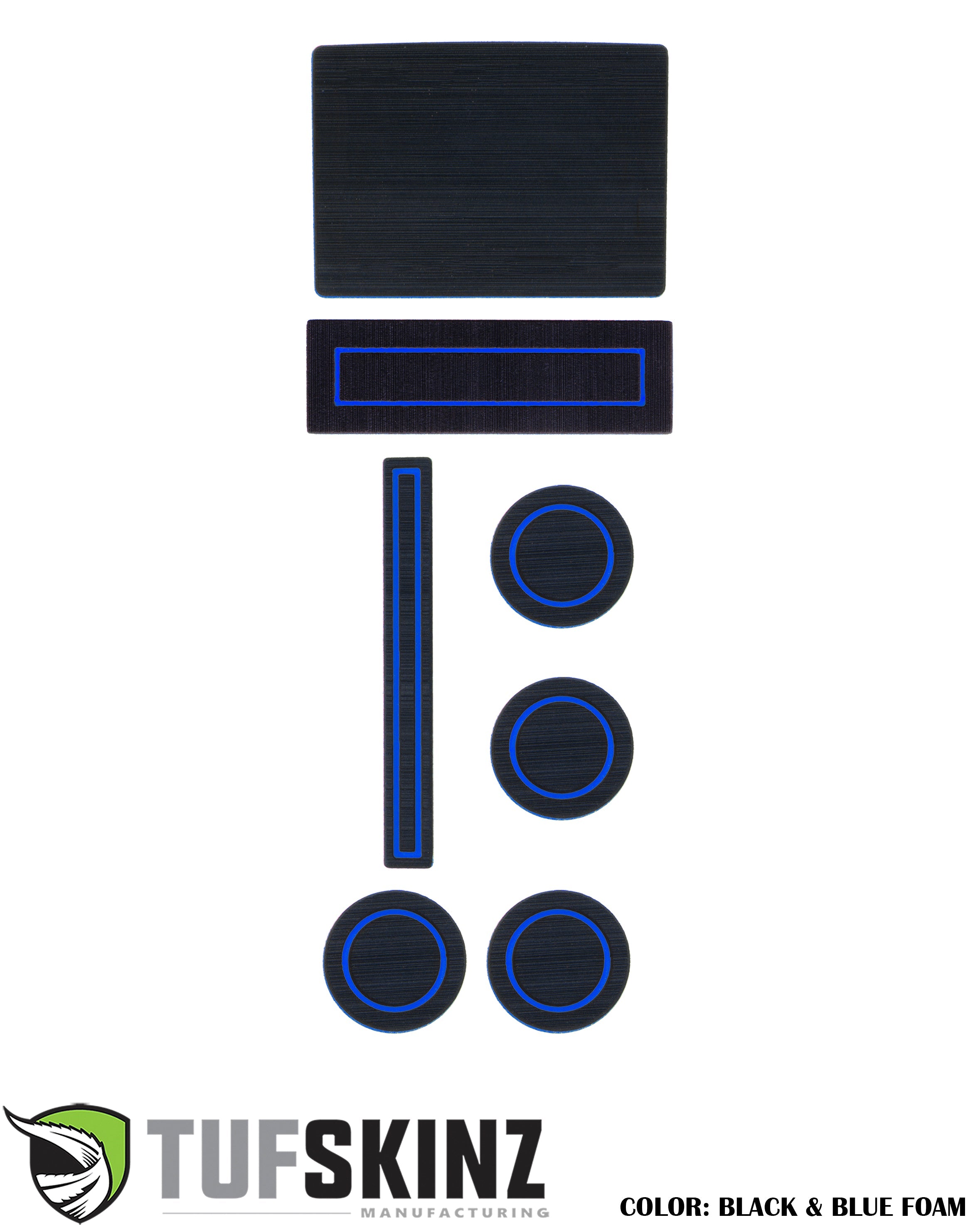 Black and blue foam insert kit for vehicle interior, fits cup holders and console areas.