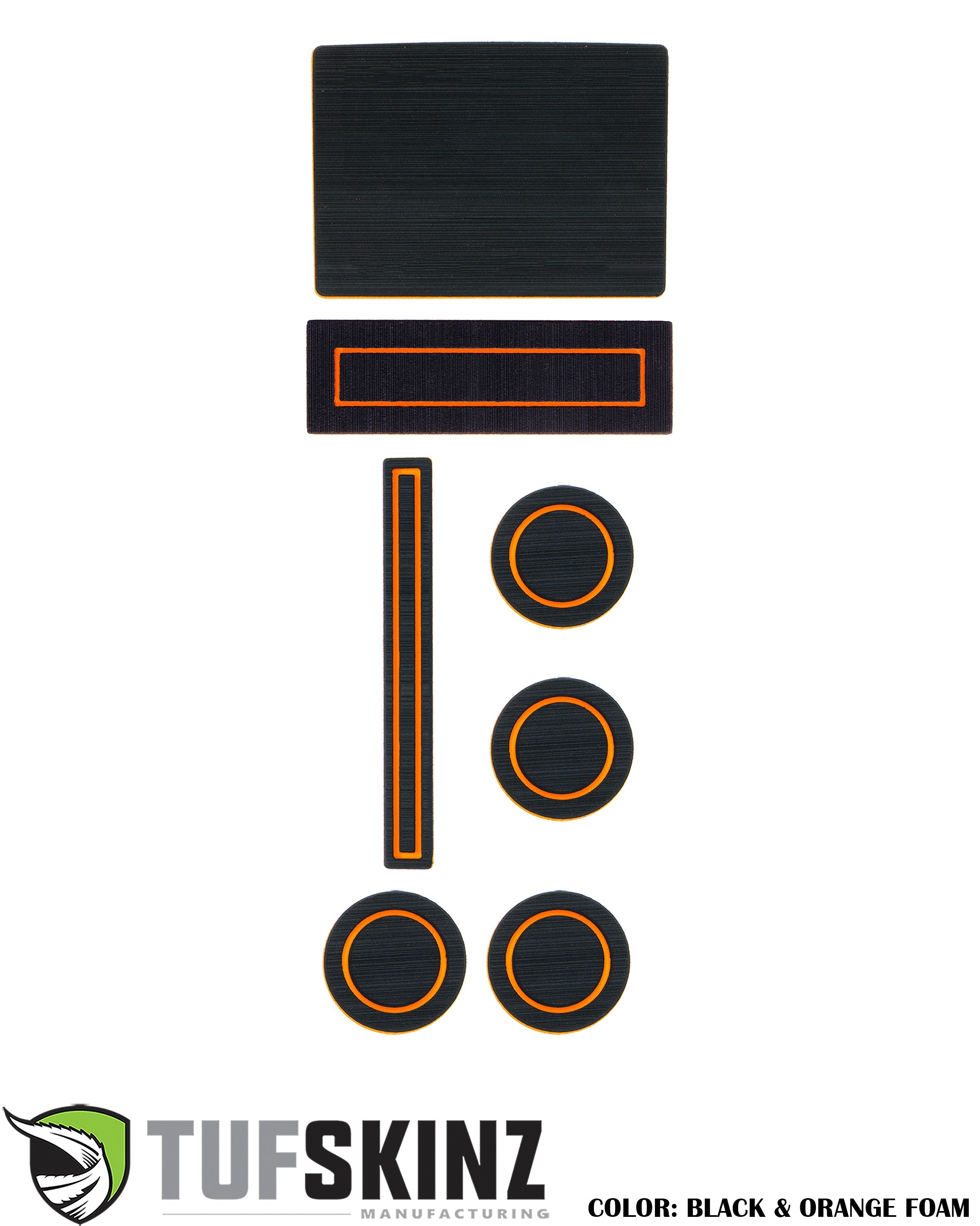 Black and orange foam insert kit for vehicle interior accessories, multiple shapes shown.