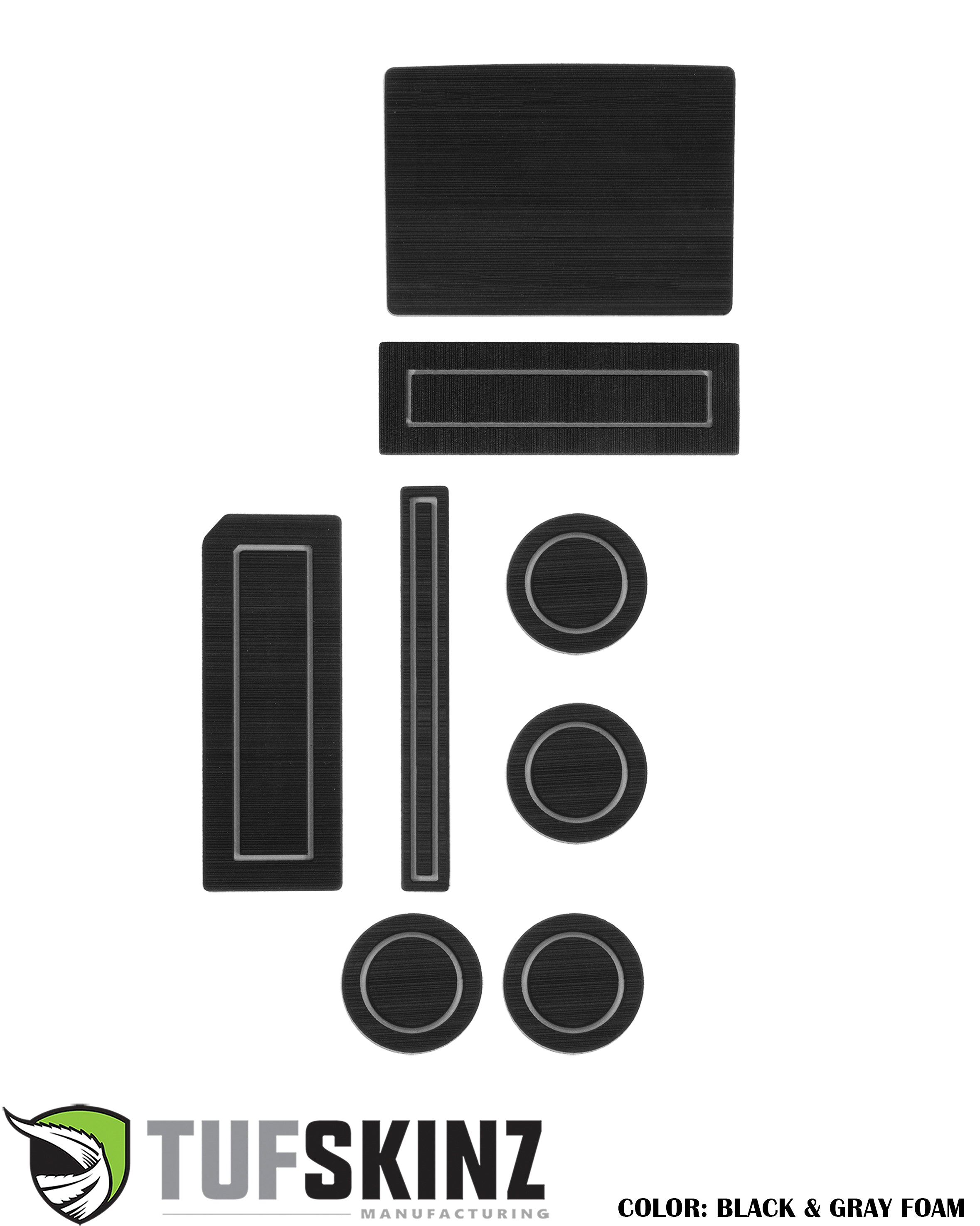 Black and gray foam interior trim kit set for vehicle customization, various shapes shown