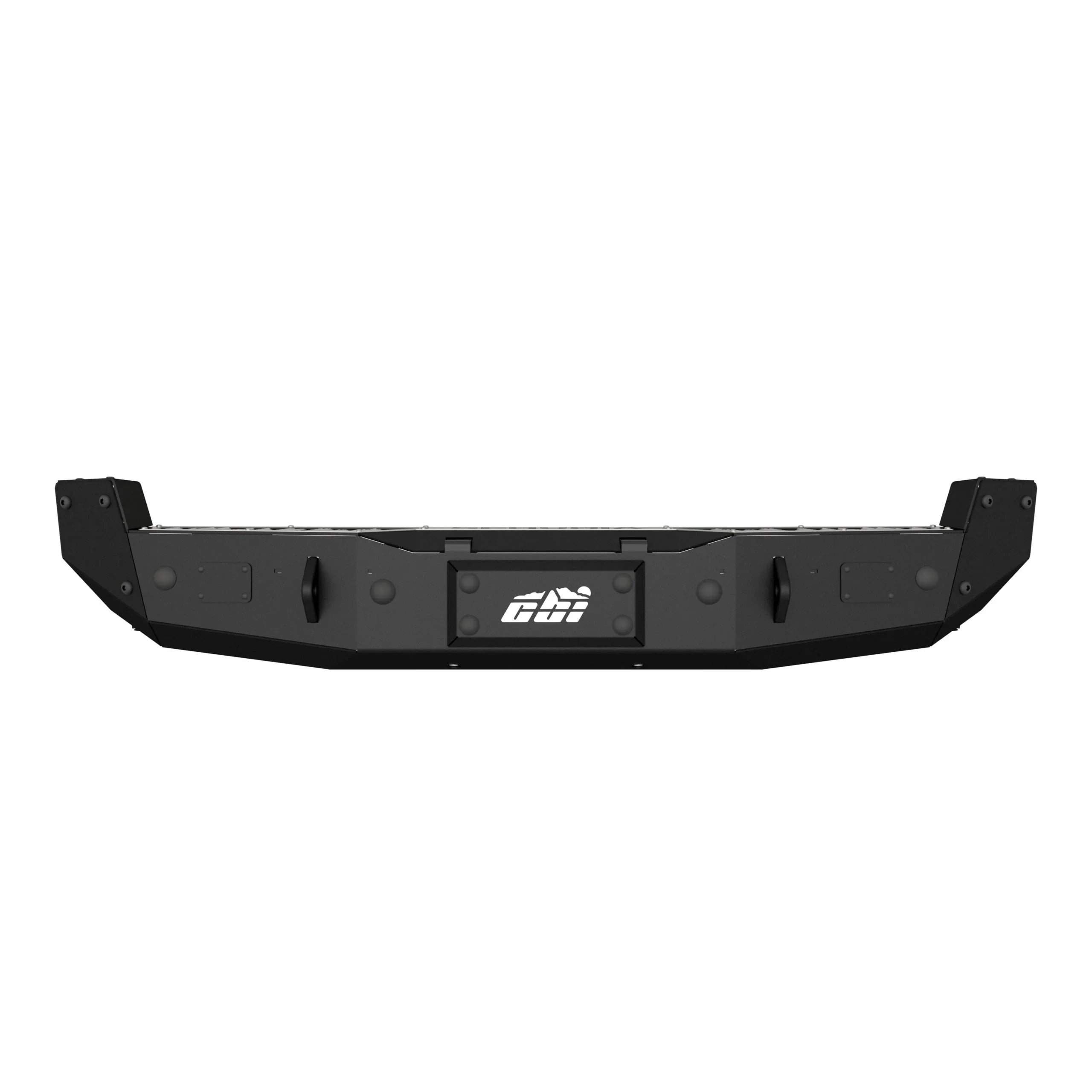 Heavy-duty black steel off-road rear bumper with recovery points for trucks and SUVs