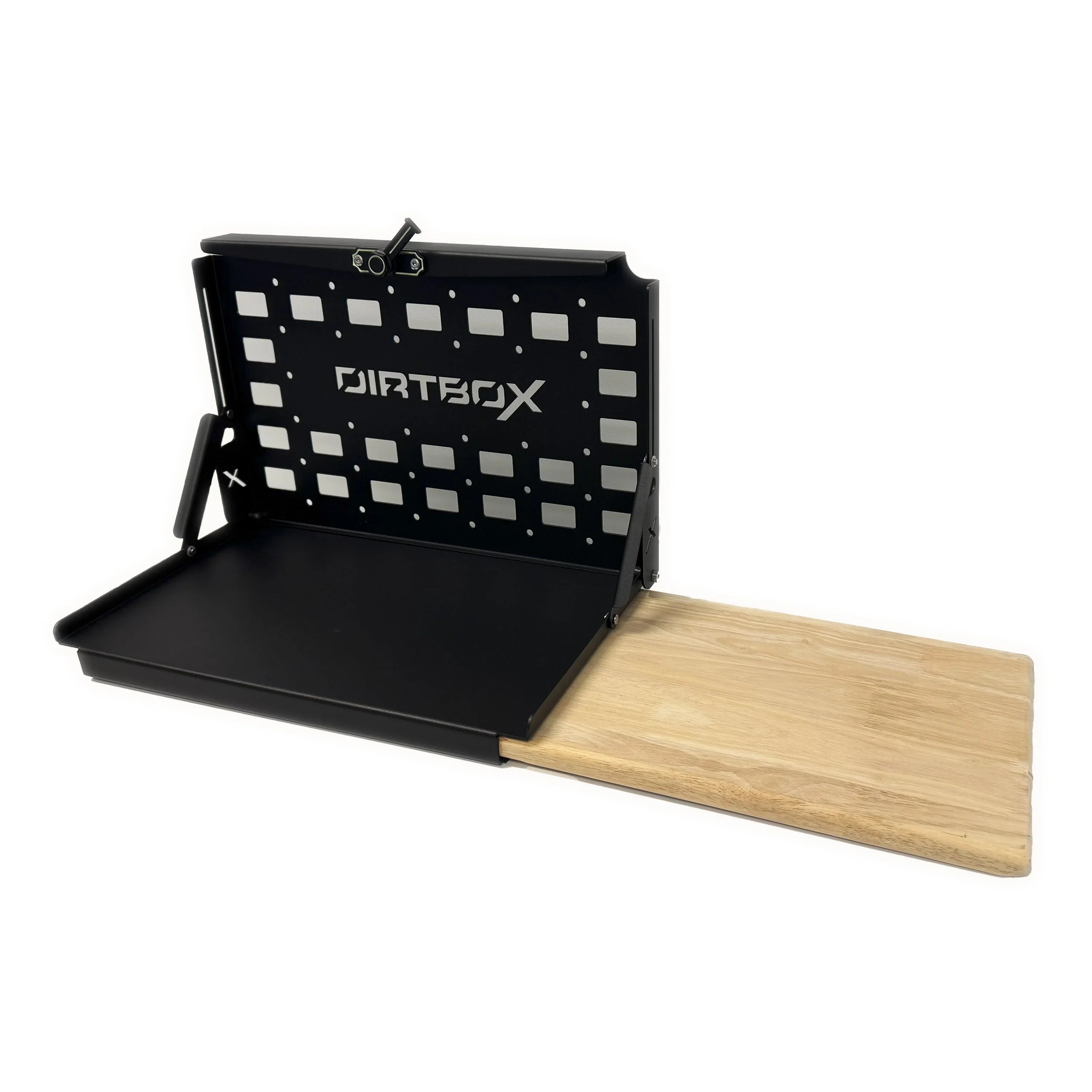 Black metal fold-down camp kitchen table with wooden cutting board for overlanding vehicles