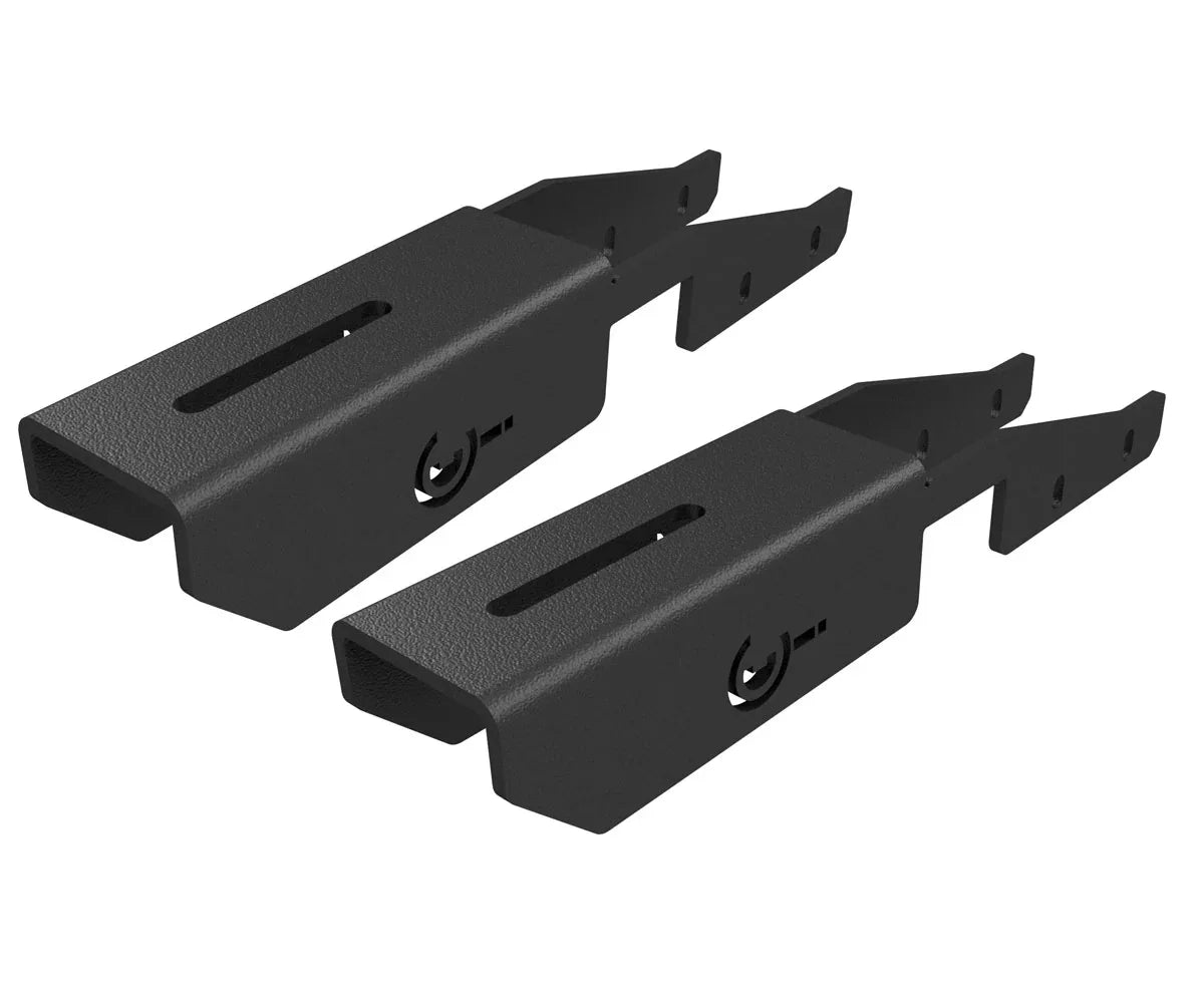 Pair of black powder-coated steel mounting brackets for vehicle roof rack accessories