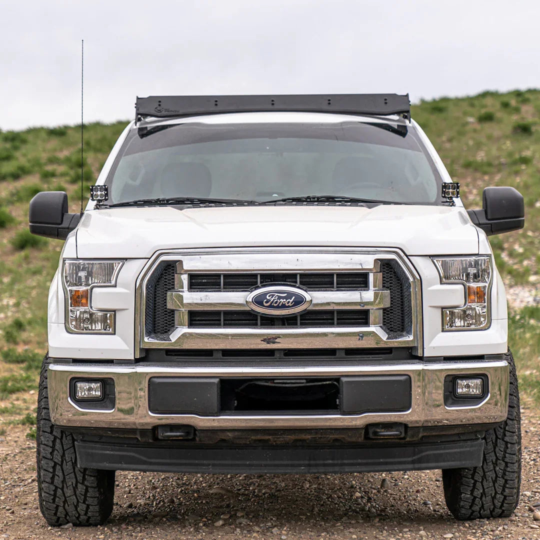Ford F-150 with ditch light brackets mounted on hood, off-road vehicle accessory