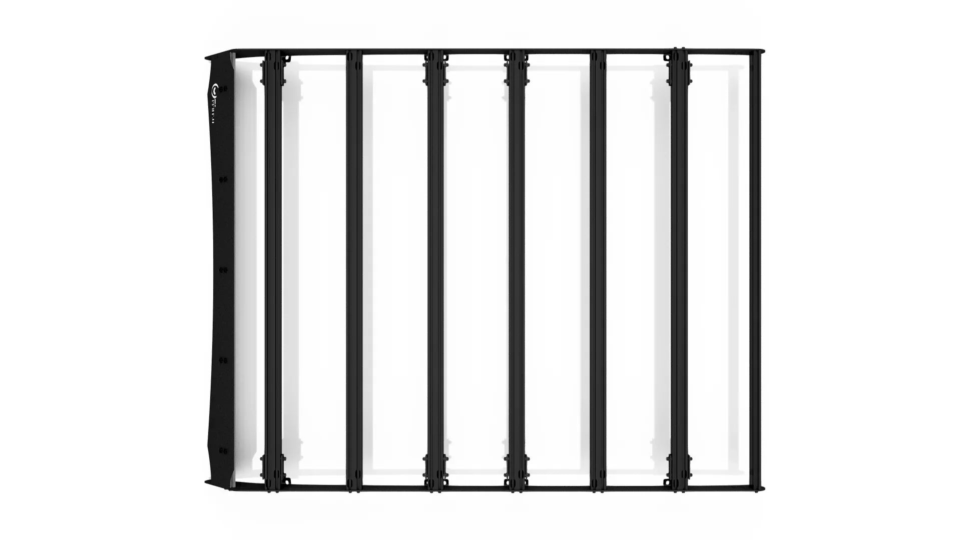Overhead view of a black Ford Raptor roof rack, featuring six crossbars and all-metal construction.