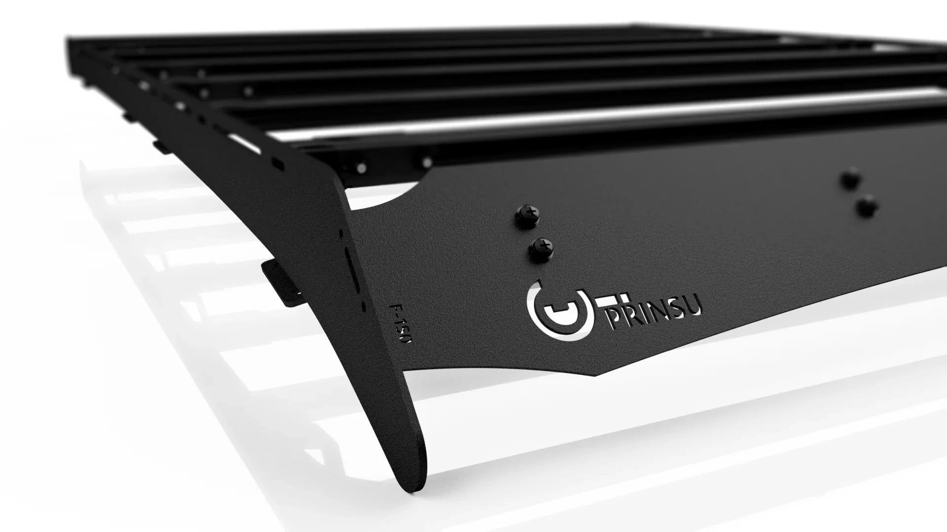 Close-up of black Prinsu roof rack for Ford F-150, ideal for overlanding accessories.