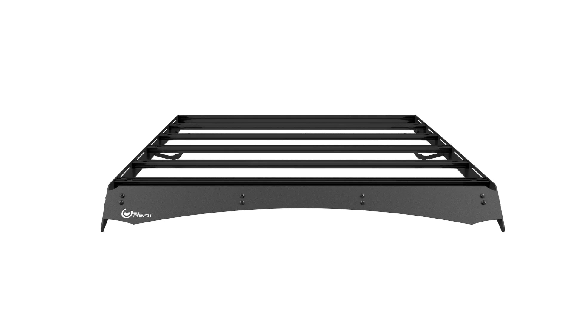 Black modular roof rack for overlanding vehicles, shown from the front on white background.