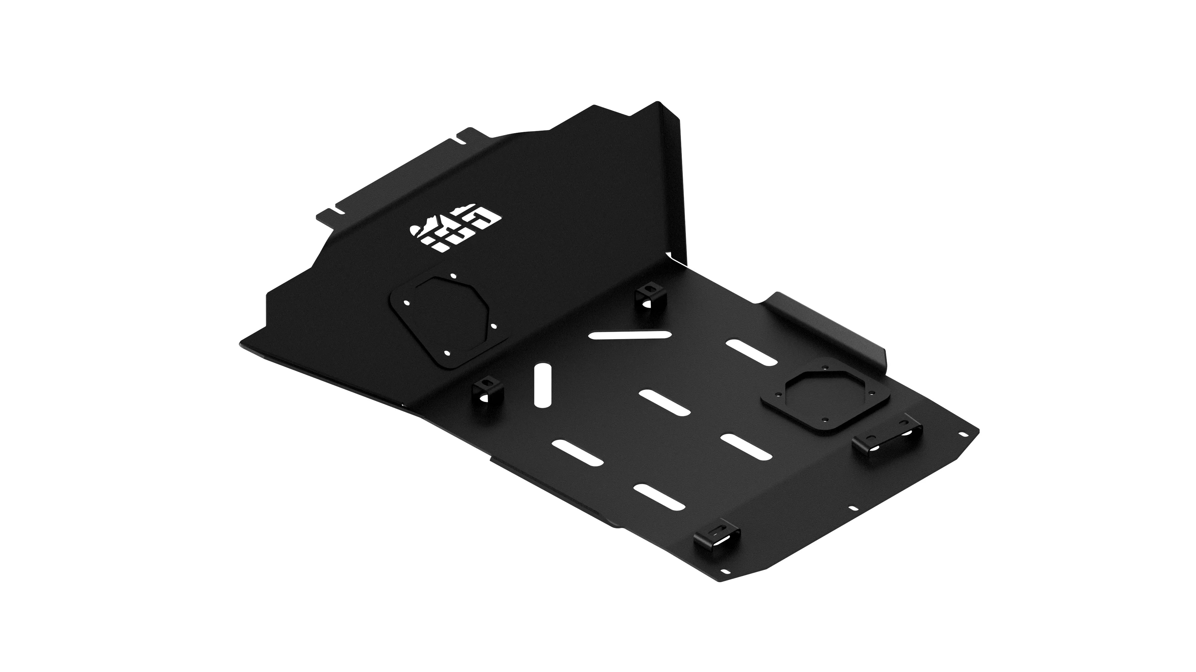 black steel front skid plate for off-road vehicles, shown on white background