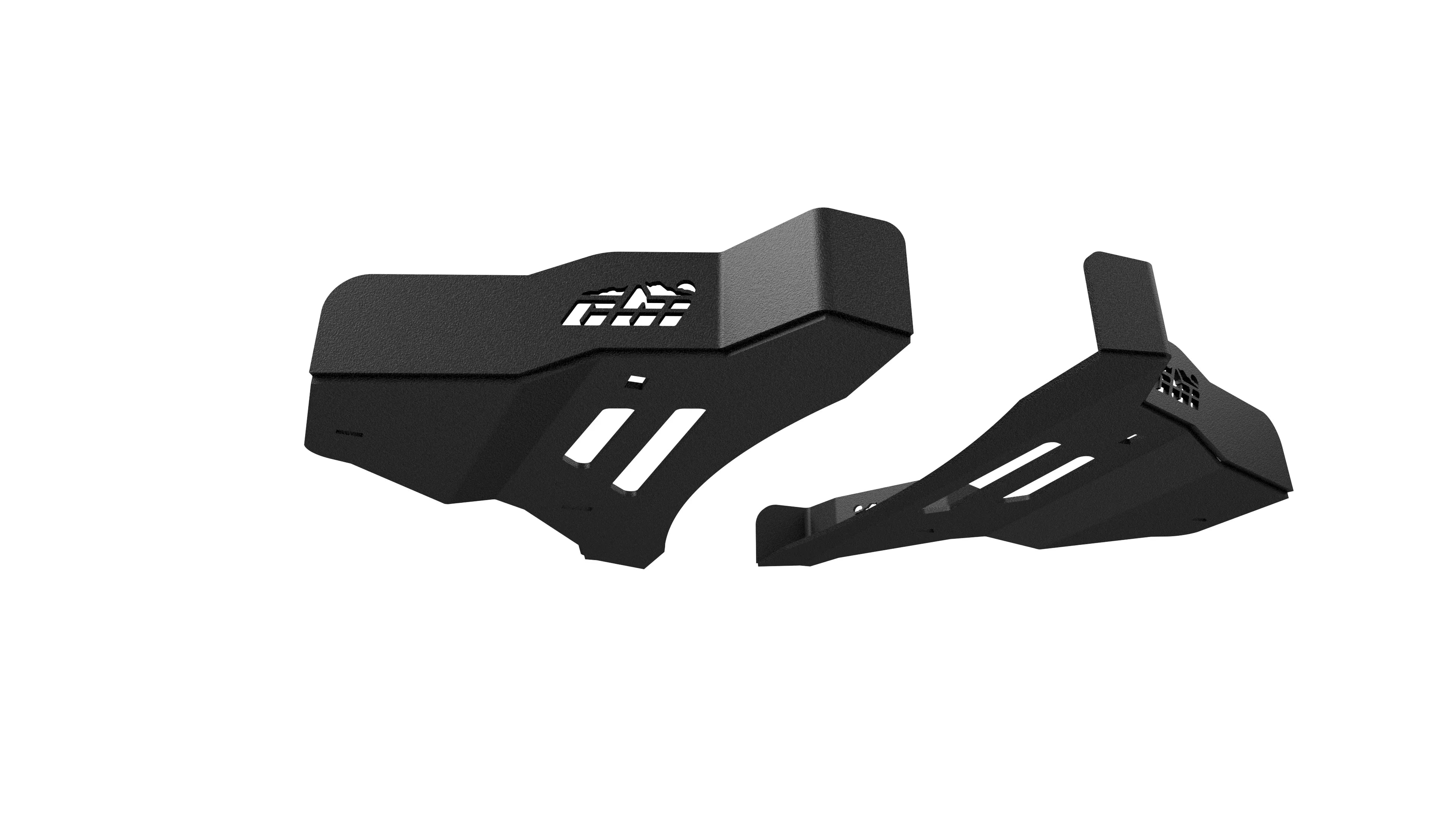 Pair of heavy duty black steel skid plates for off-road vehicle undercarriage protection