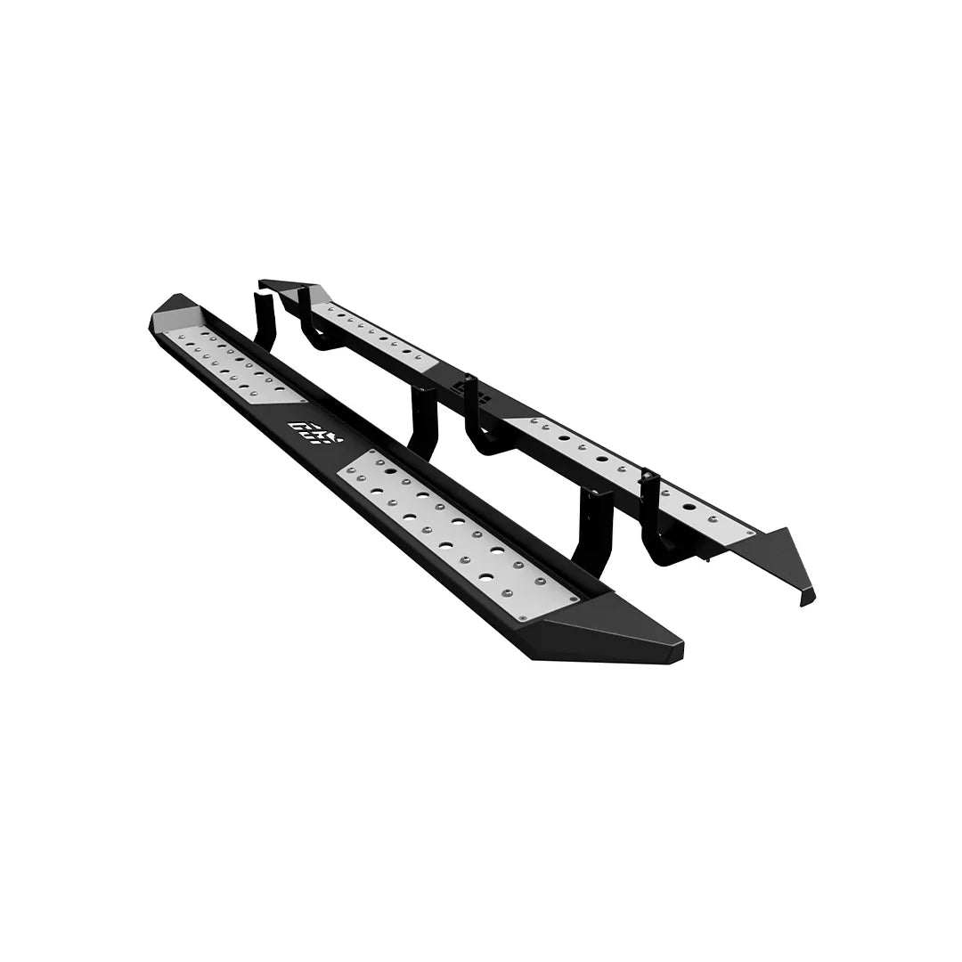Heavy-duty black and silver truck side step for off-road vehicles, angled on white background