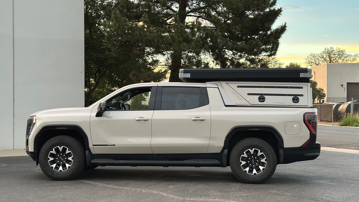 Dirtbox Overland EV pass-through canopy camper for Chevy Silverado EV and GMC Sierra EV