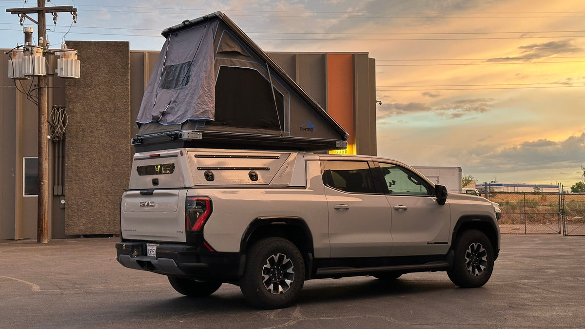 Dirtbox Overland EV pass-through canopy camper for Chevy Silverado EV and GMC Sierra EV