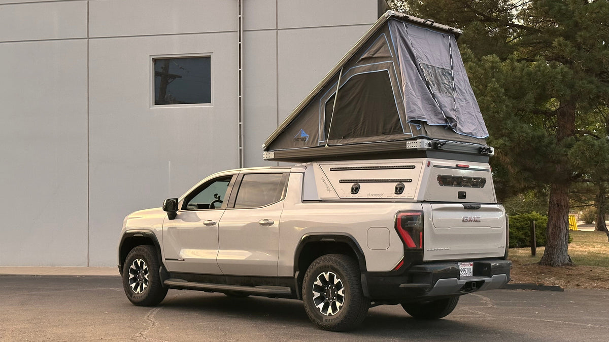 Dirtbox Overland EV pass-through canopy camper for Chevy Silverado EV and GMC Sierra EV