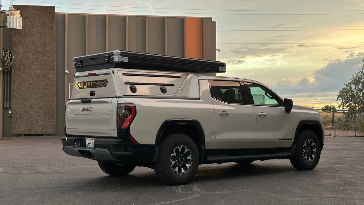 Dirtbox Overland EV pass-through canopy camper for Chevy Silverado EV and GMC Sierra EV