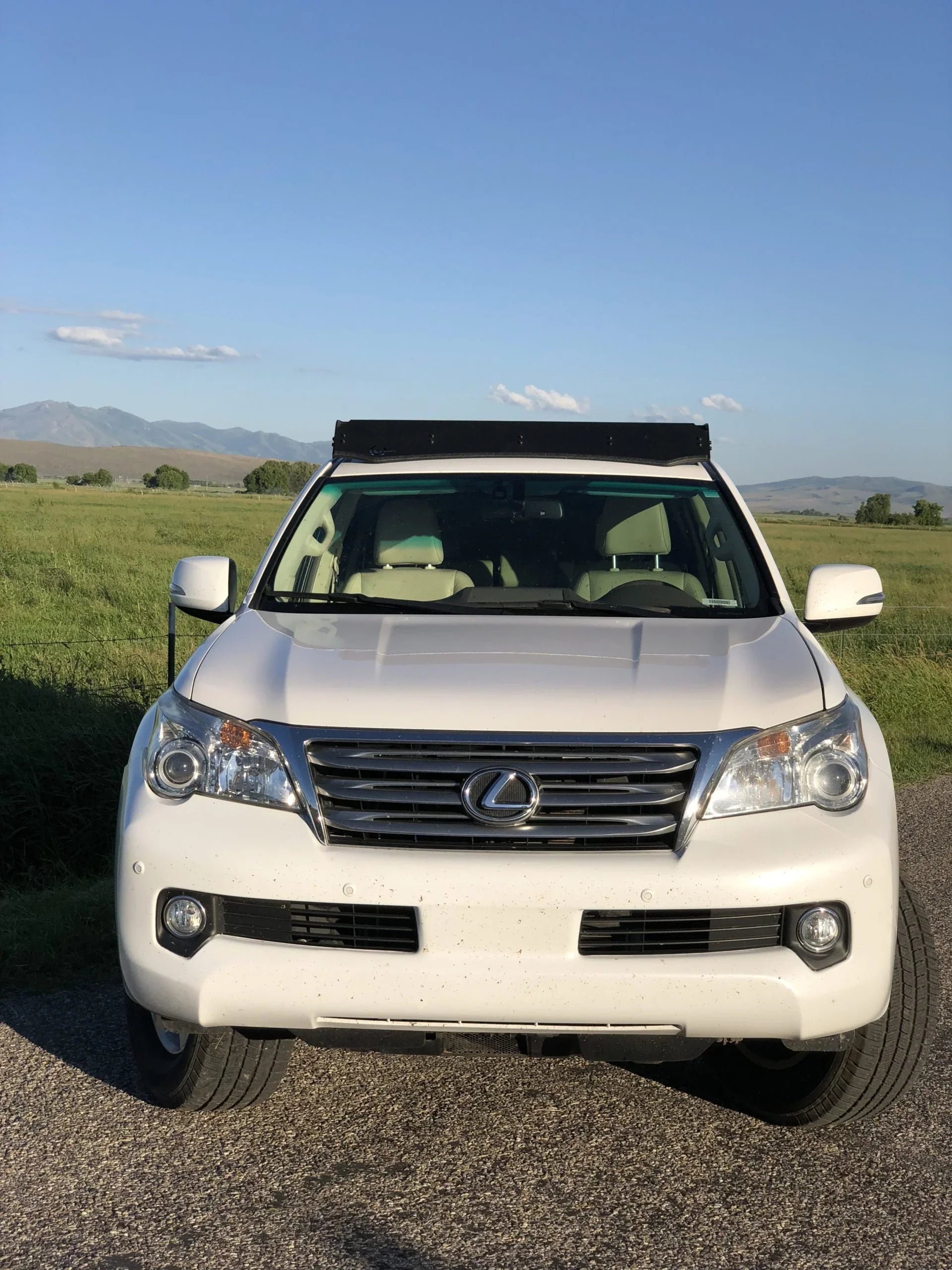 Front view of a white Lexus GX460 SUV with roof rack, parked outdoors in a grassy field