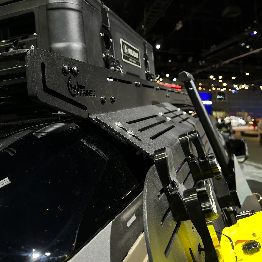 Close-up of modular roof rack accessory panel mounted on overlanding vehicle
