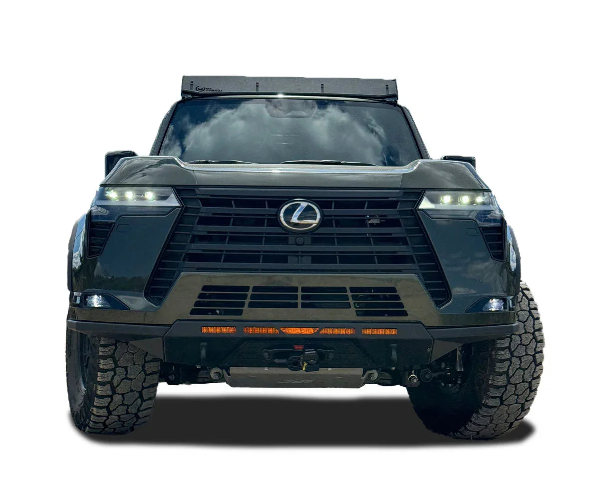 Front view of Lexus GX550 with off-road bumper, all-terrain tires, and LED lights
