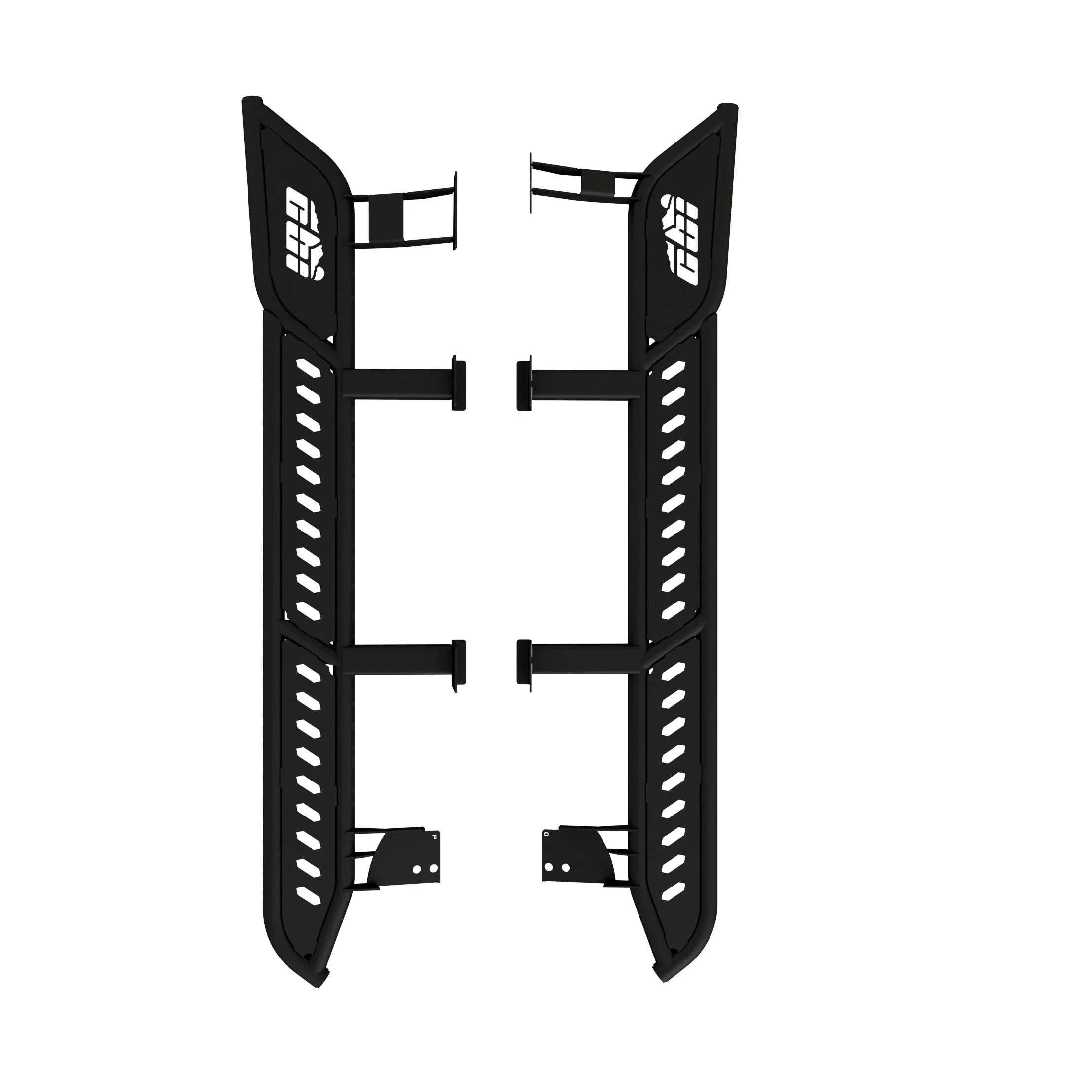 Black steel overland rock sliders for off-road vehicle protection, isolated on white