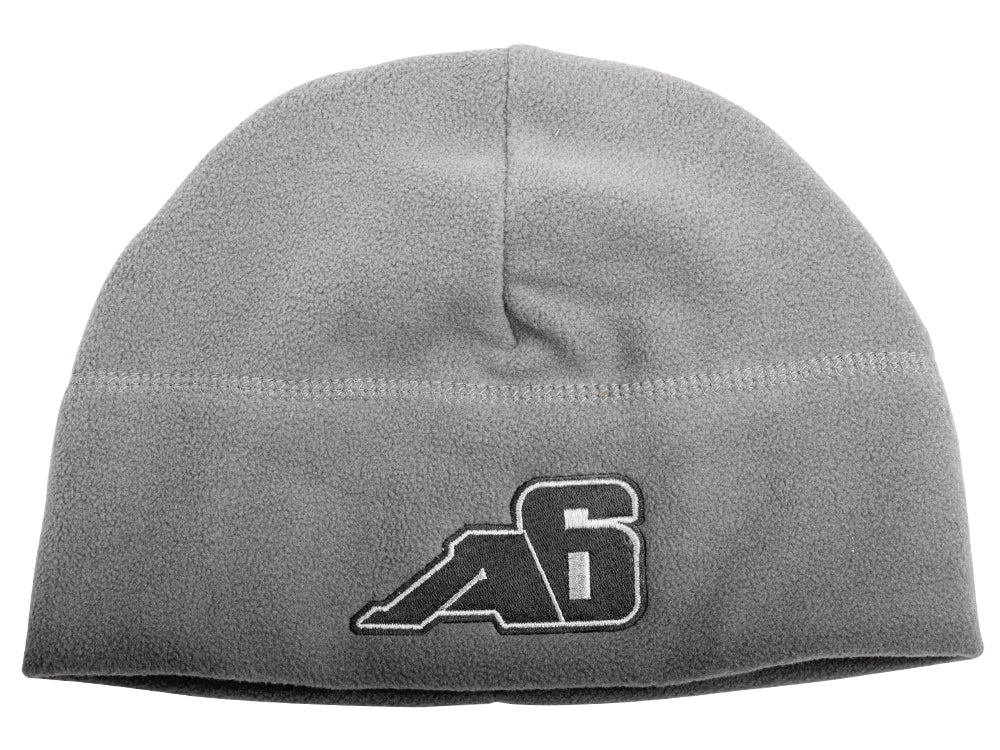 Grey fleece beanie with stitched A6 logo, winter outdoor camping hat