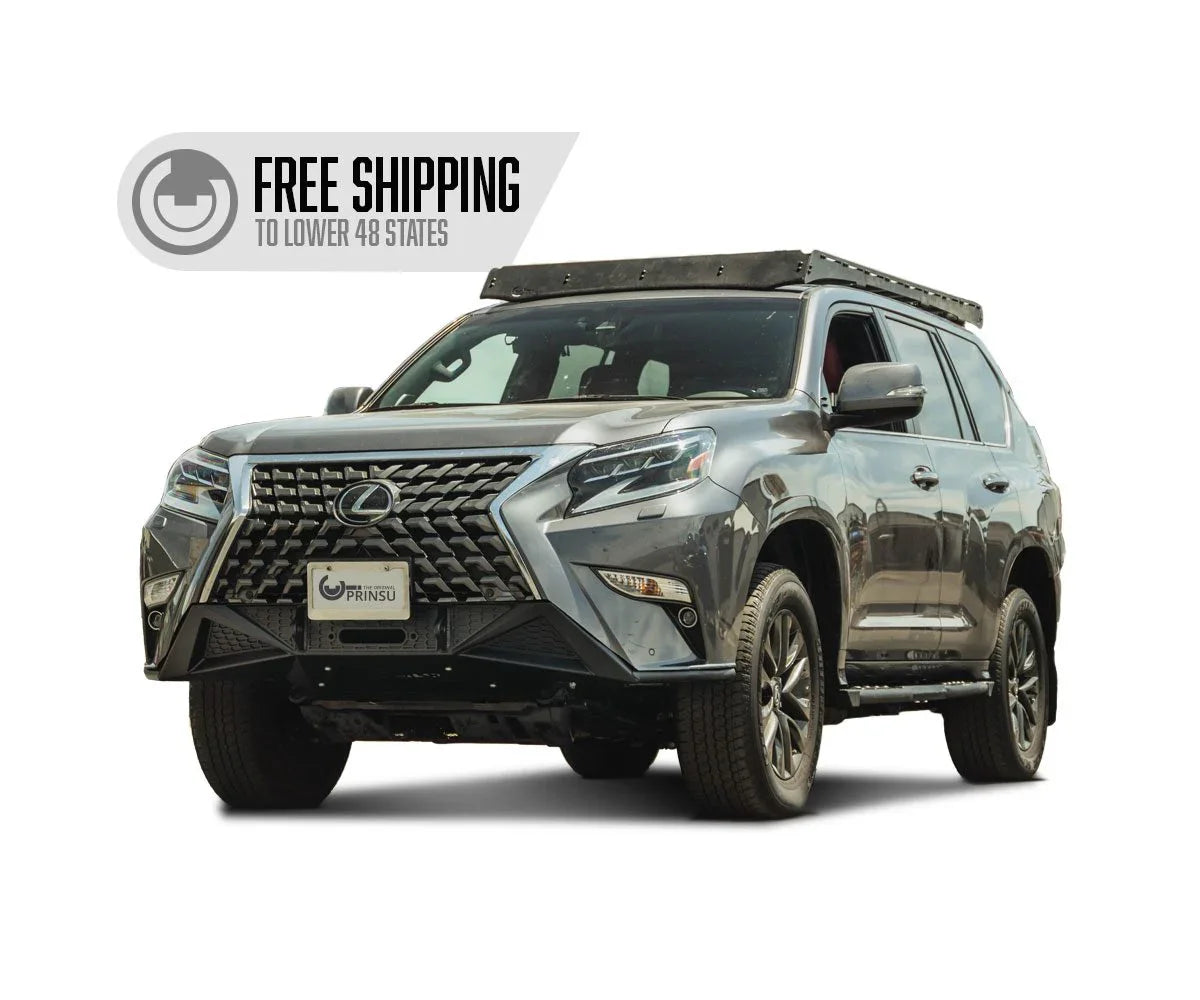 Lexus GX460 SUV with off-road roof rack and free shipping banner for overlanding gear