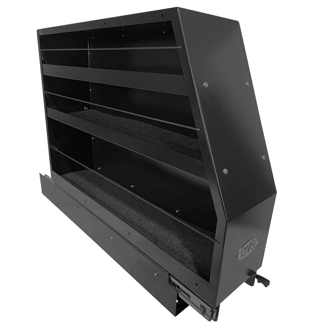 Overland Vehicle Systems Highline slide out camping storage system in black powder coat