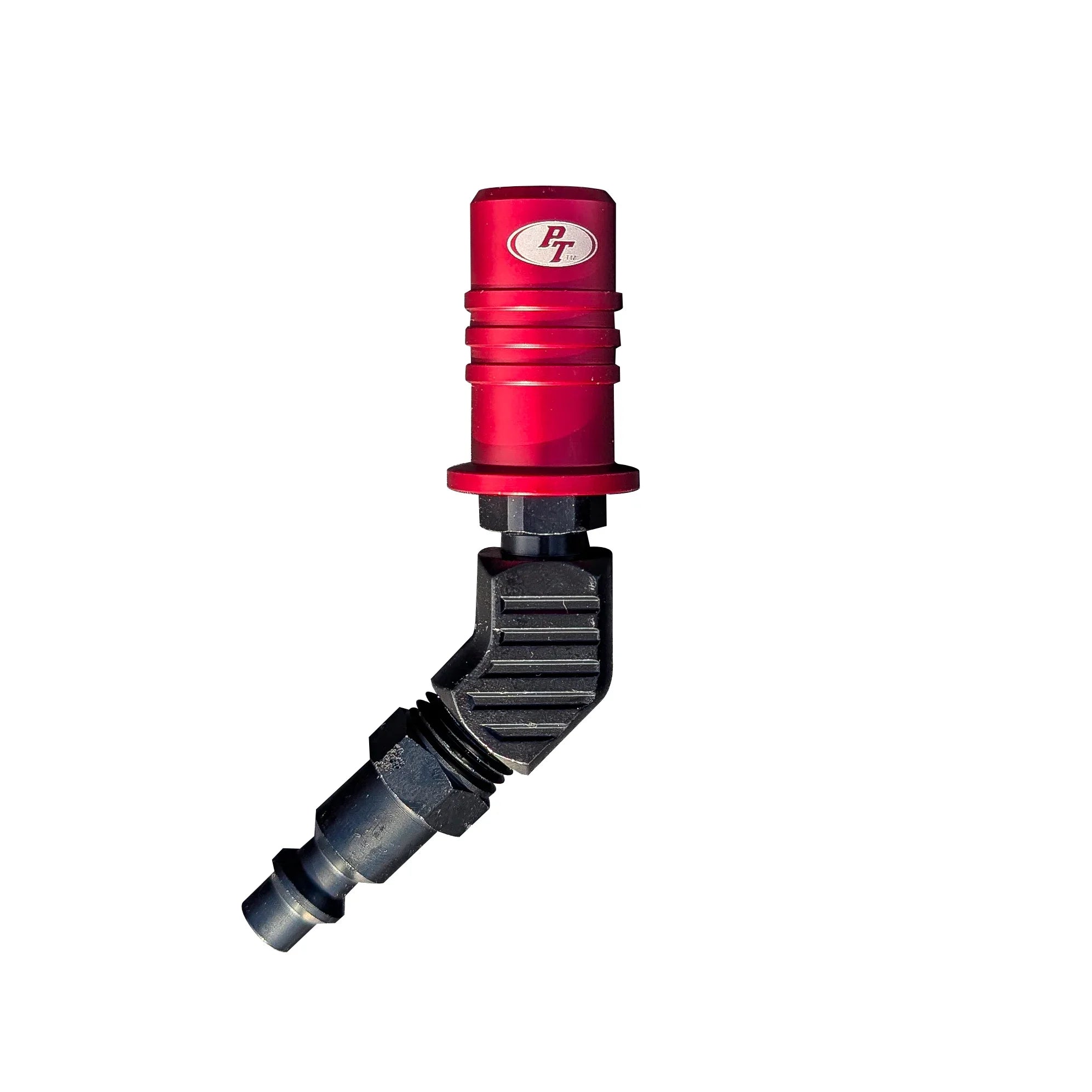 Red and black angled tire air chuck for off-road vehicle air systems on white background.