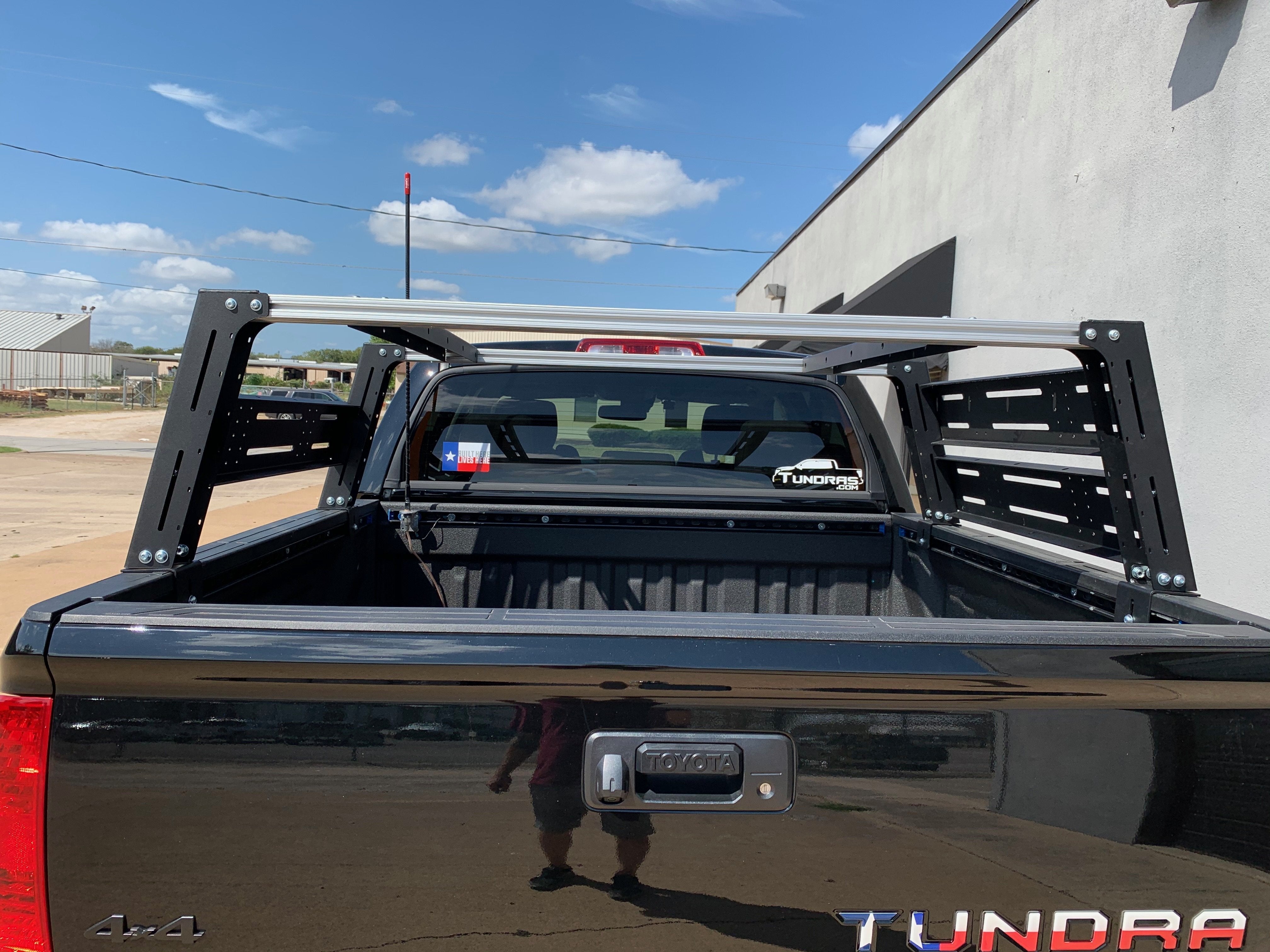 Toyota Tundra truck bed with modular overland cargo rack installed outdoors