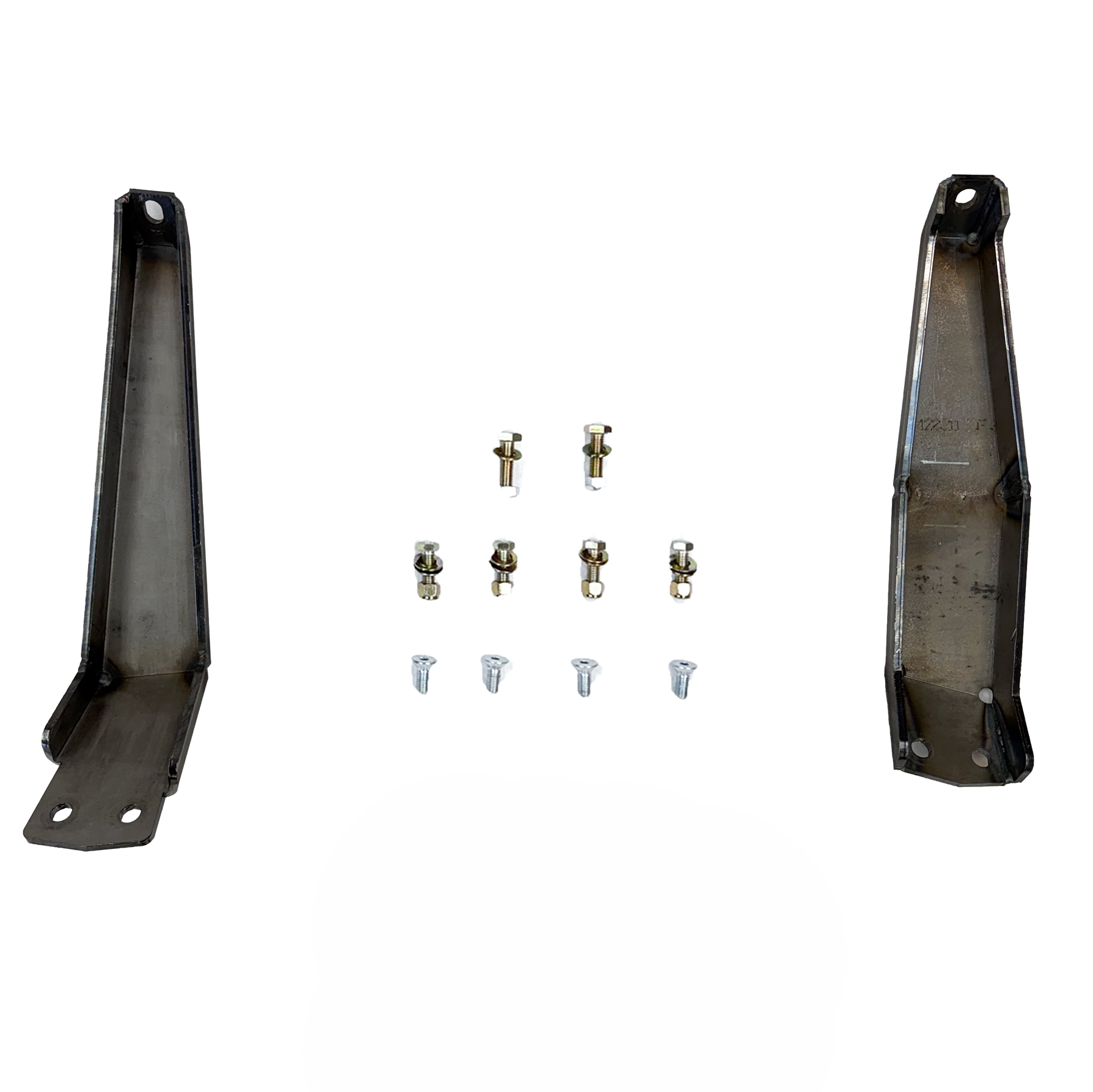 Steel mounting brackets and hardware kit for off-road vehicle accessories on white background.