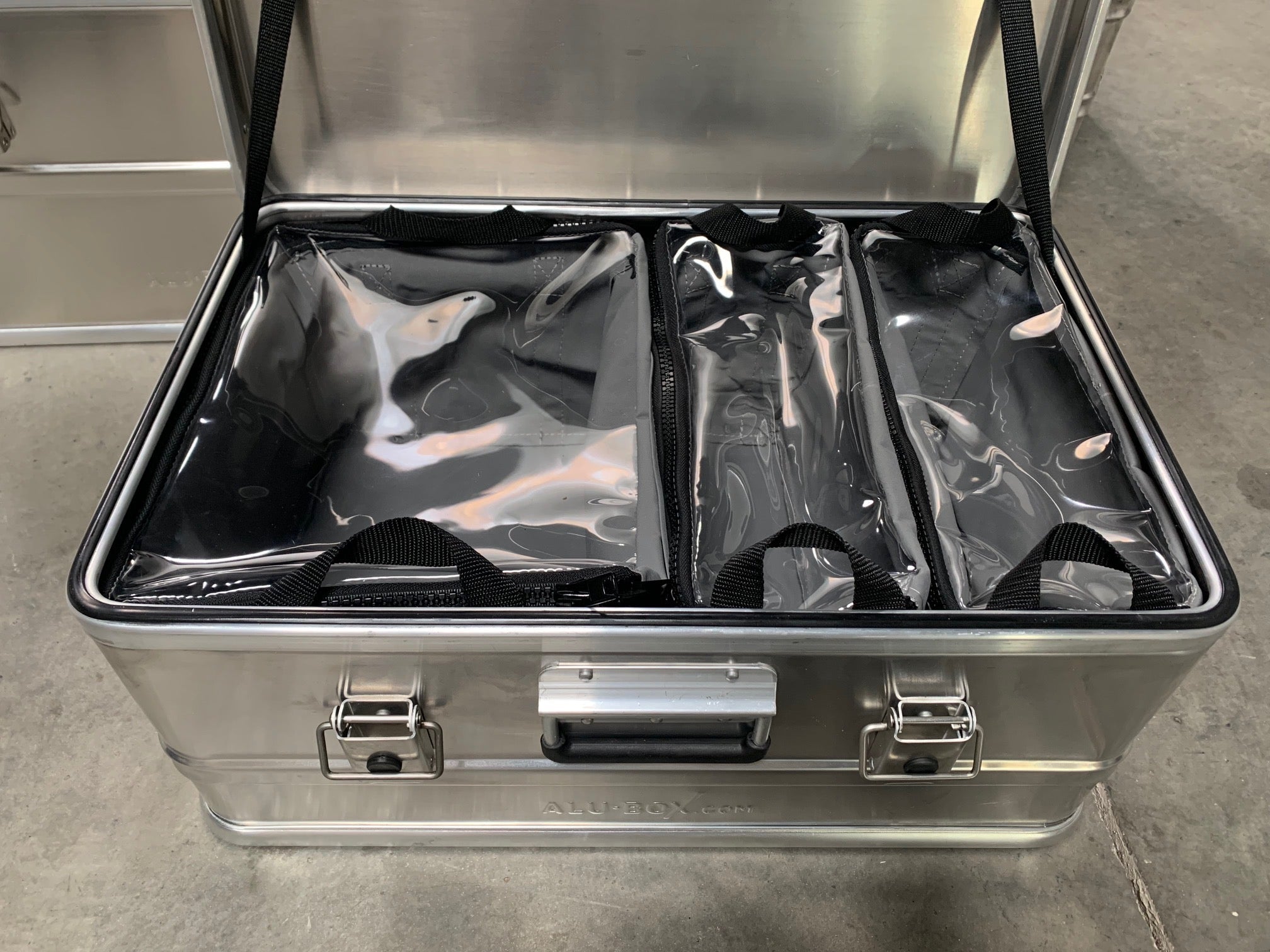 Aluminum storage box with clear top gear organizer pouches for overlanding and camping