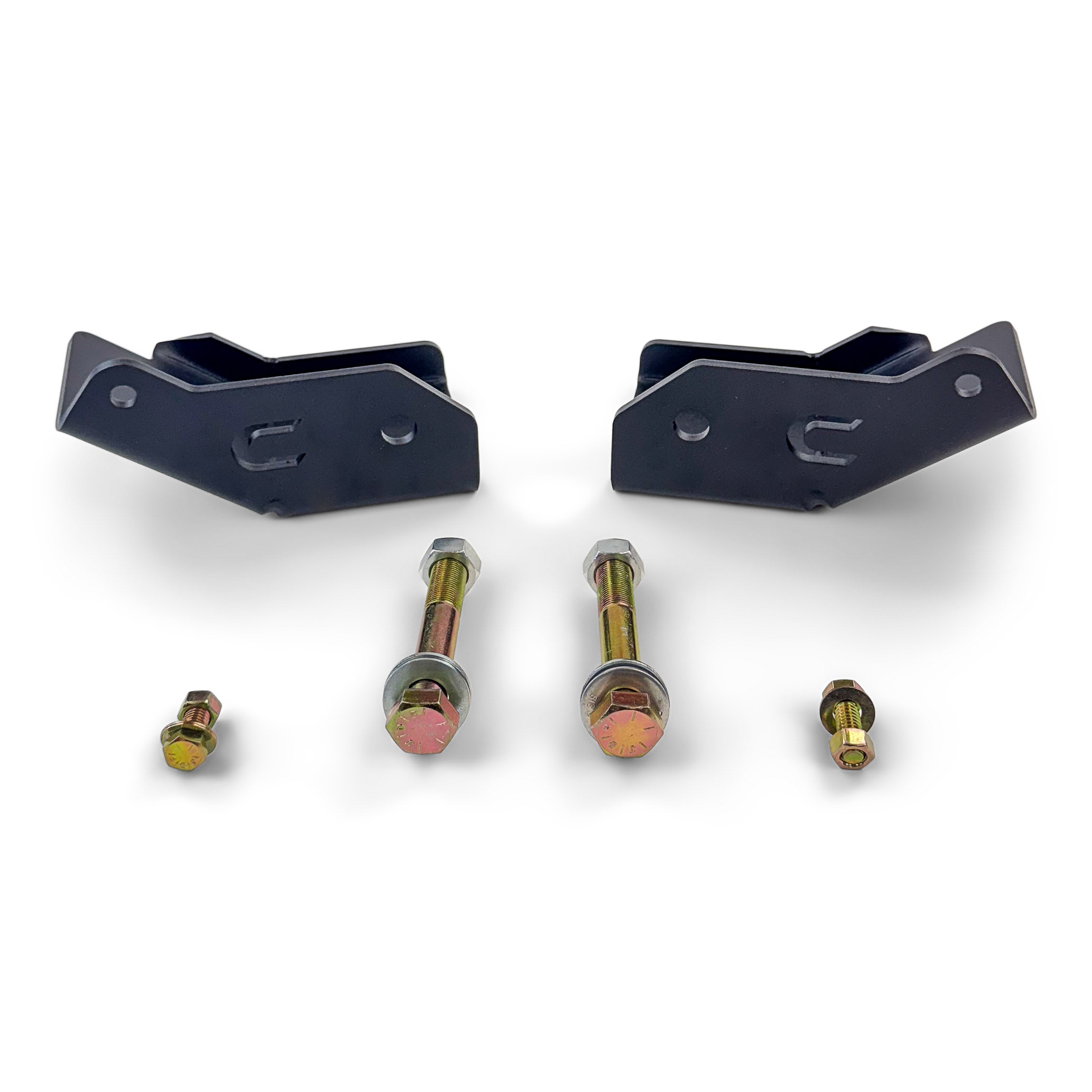 Pair of black steel overland vehicle mounting brackets with bolts and hardware on white background