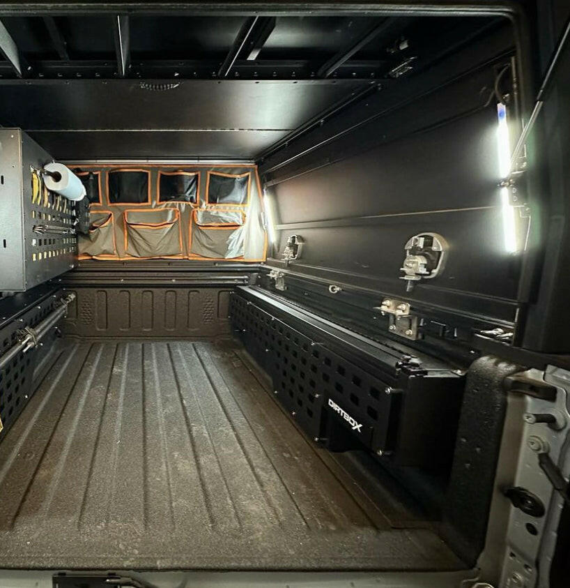 Dirtbox Overland flush-mount in-bed tool box for Jeep Gladiator and Ford F-150