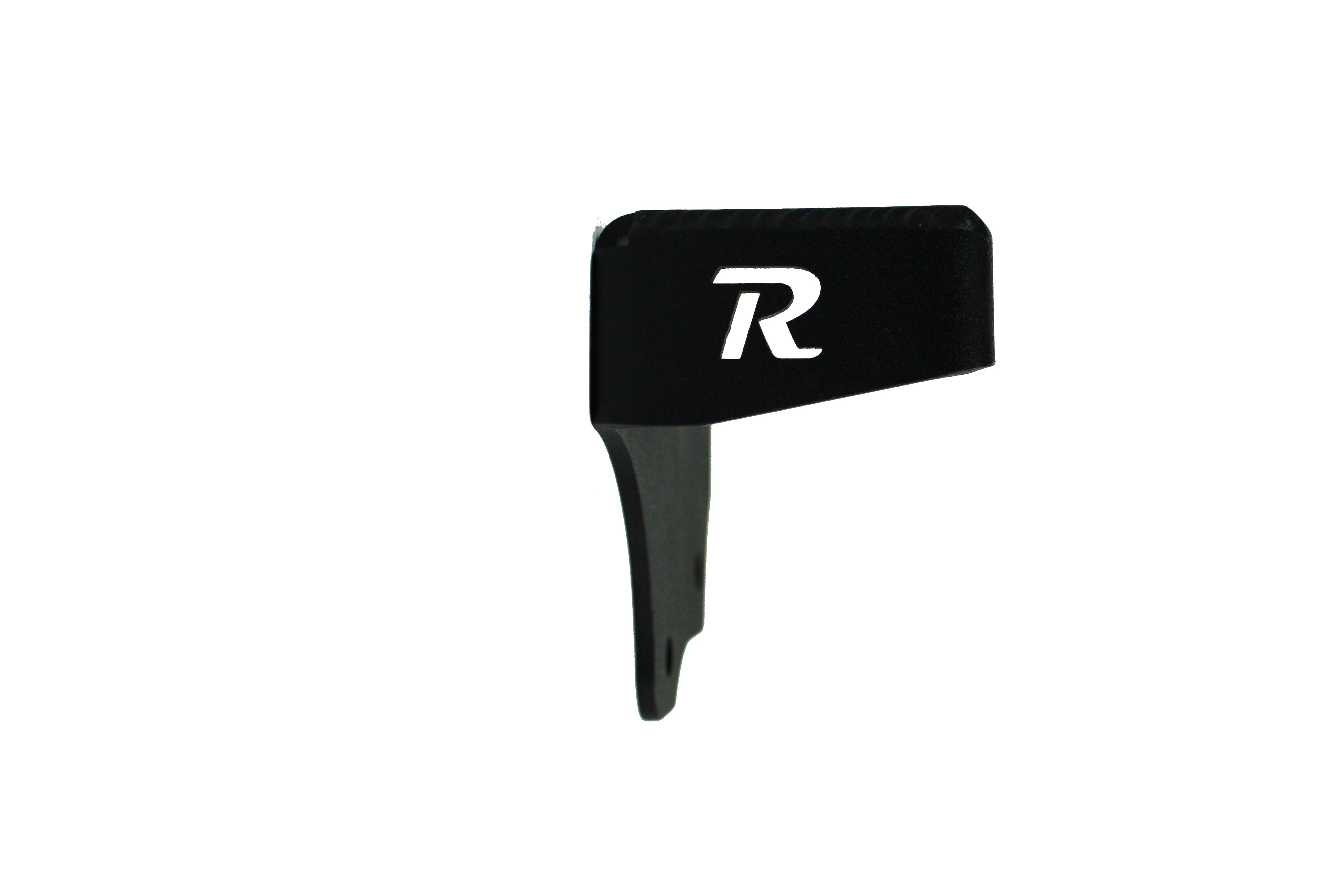 Black metal vehicle bracket with R logo, overland camping accessory on white background