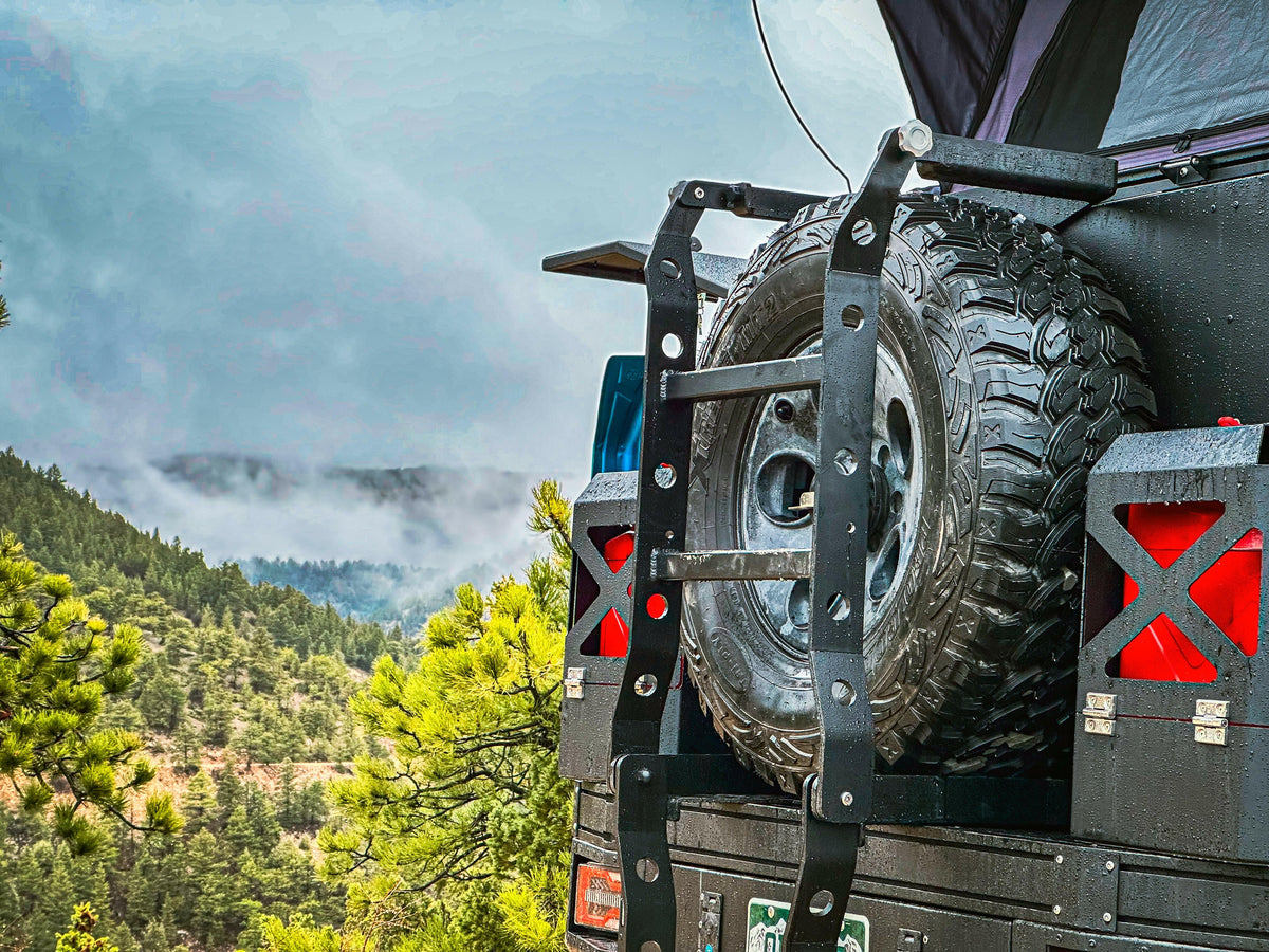 Dirtbox Overland flatbed ladder upgrade with spare tire mount, universal fit