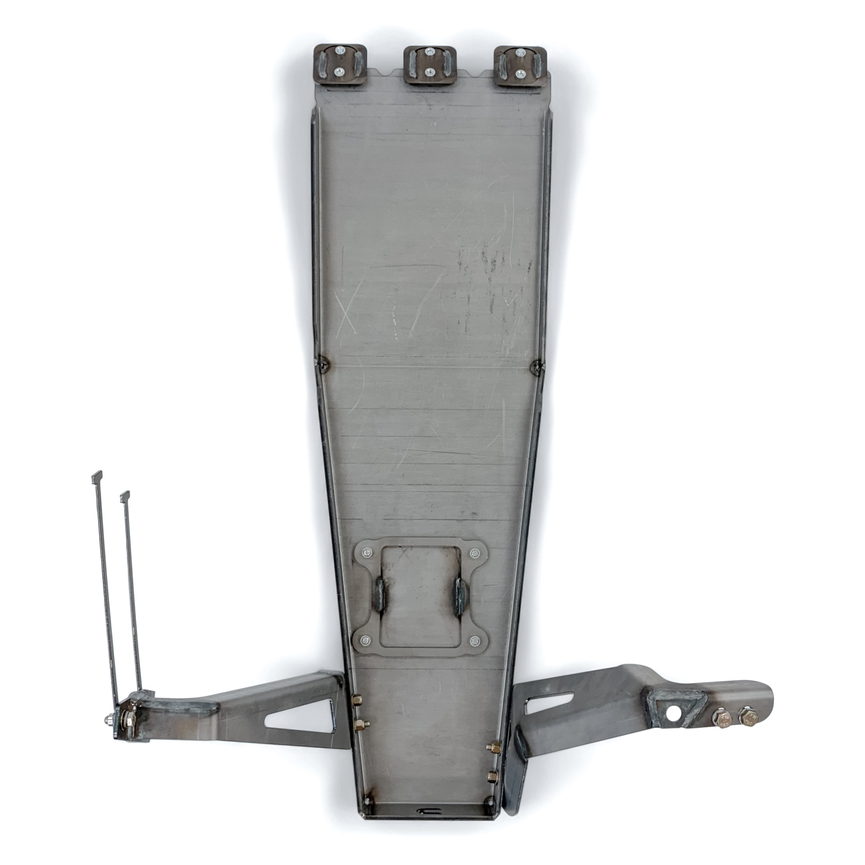 Steel skid plate for off-road vehicle undercarriage protection, isolated on white background