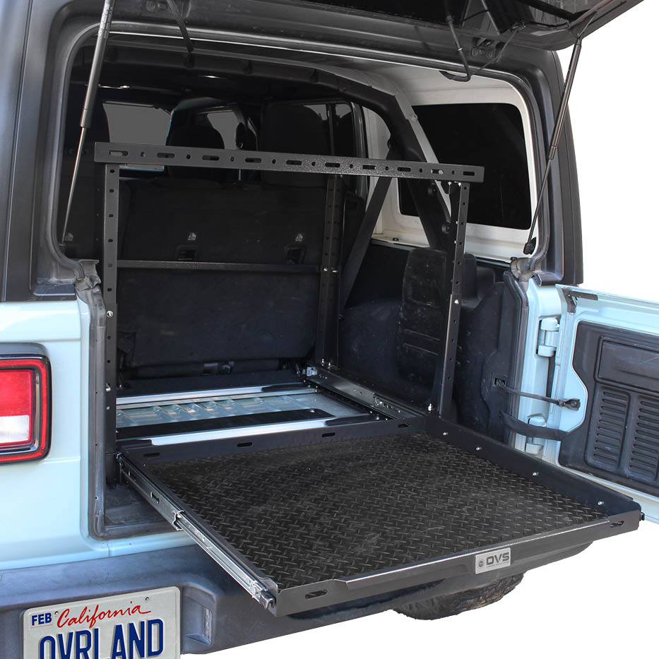 Overland Vehicle Systems cargo storage rack with sliding extension for Jeep Wrangler JL