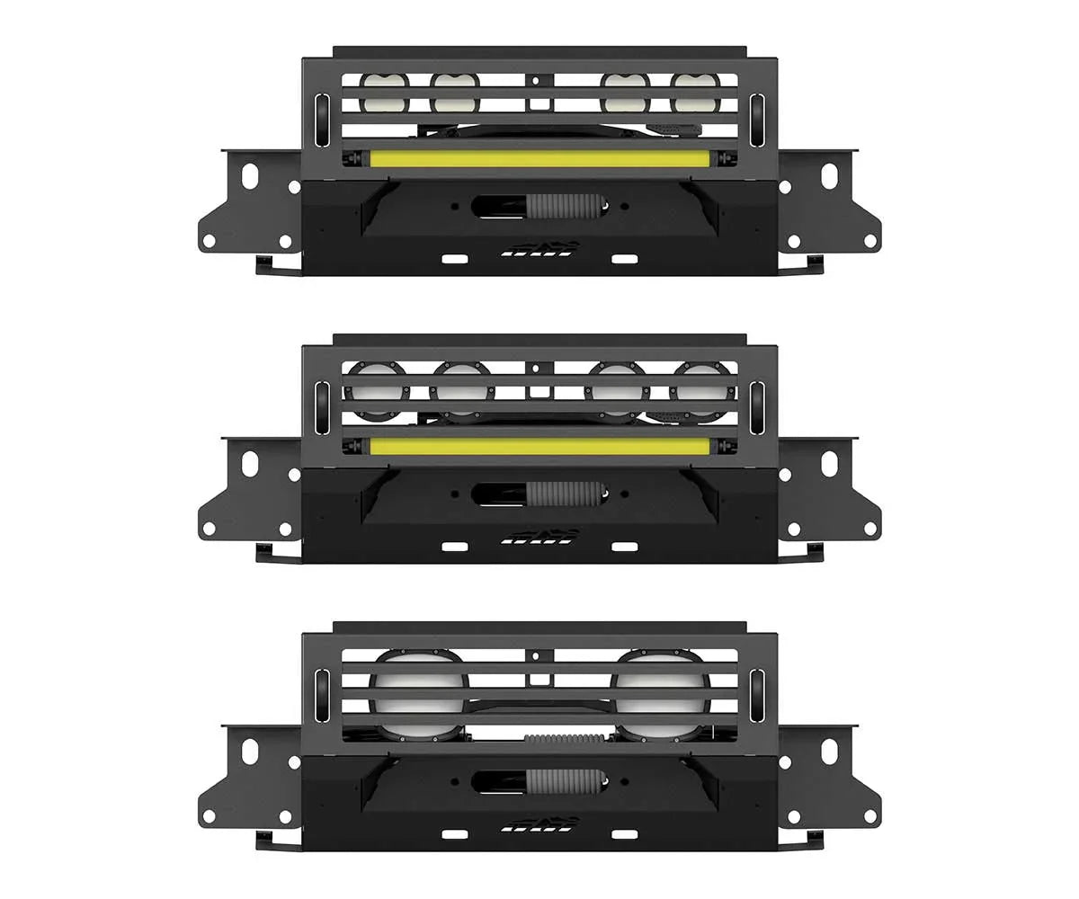 Black modular off-road front bumpers with integrated LED lights for trucks and SUVs