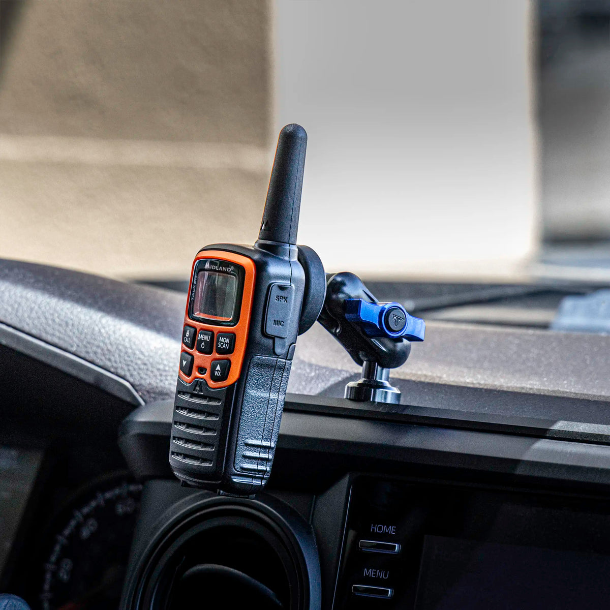 Tackform Midland and Cobra magnetic handheld radio holder, Assault Track Picatinny base and 3.5" arm, universal fit