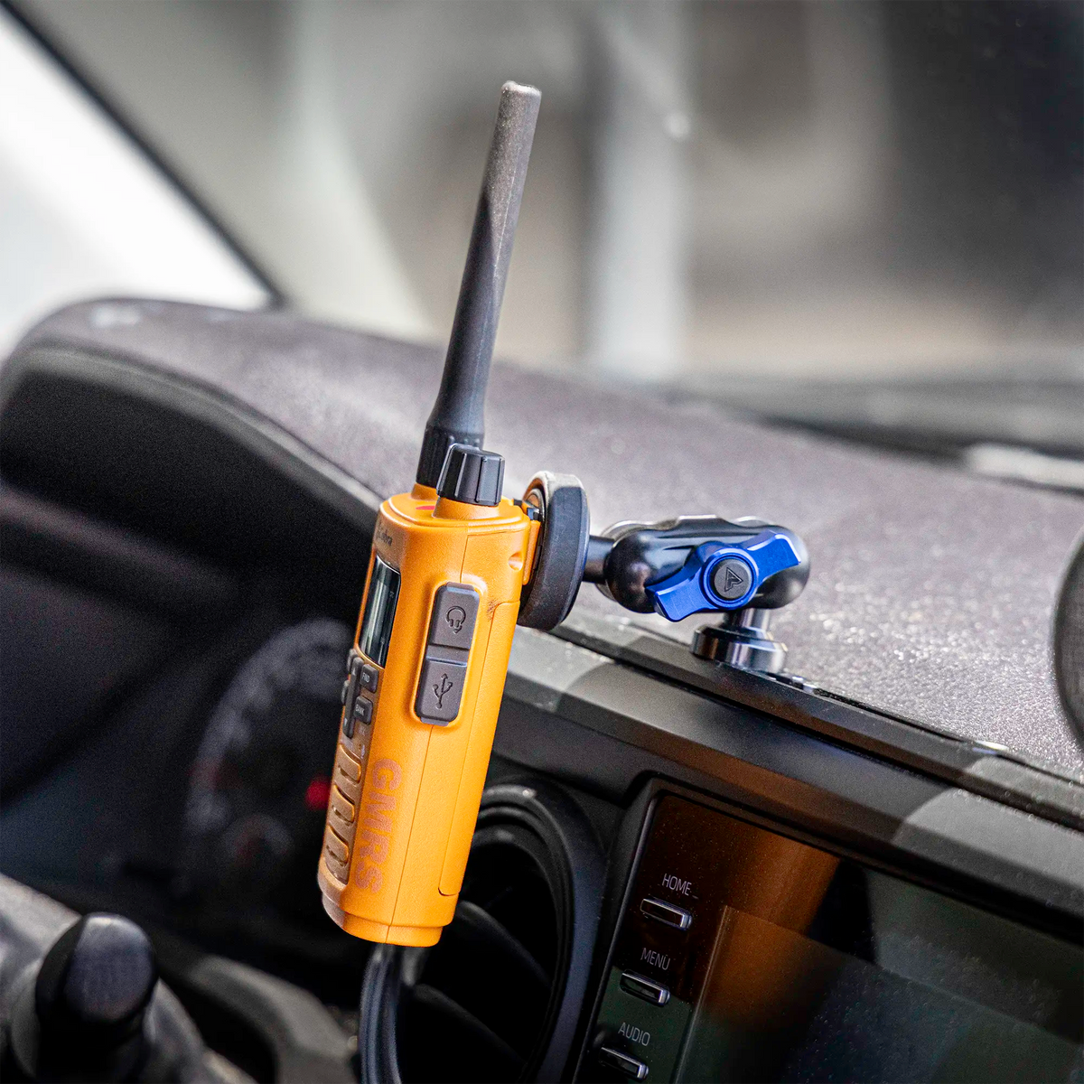 Tackform Midland and Cobra magnetic handheld radio holder, Assault Track Picatinny base and 6" DuraLock arm, universal fit