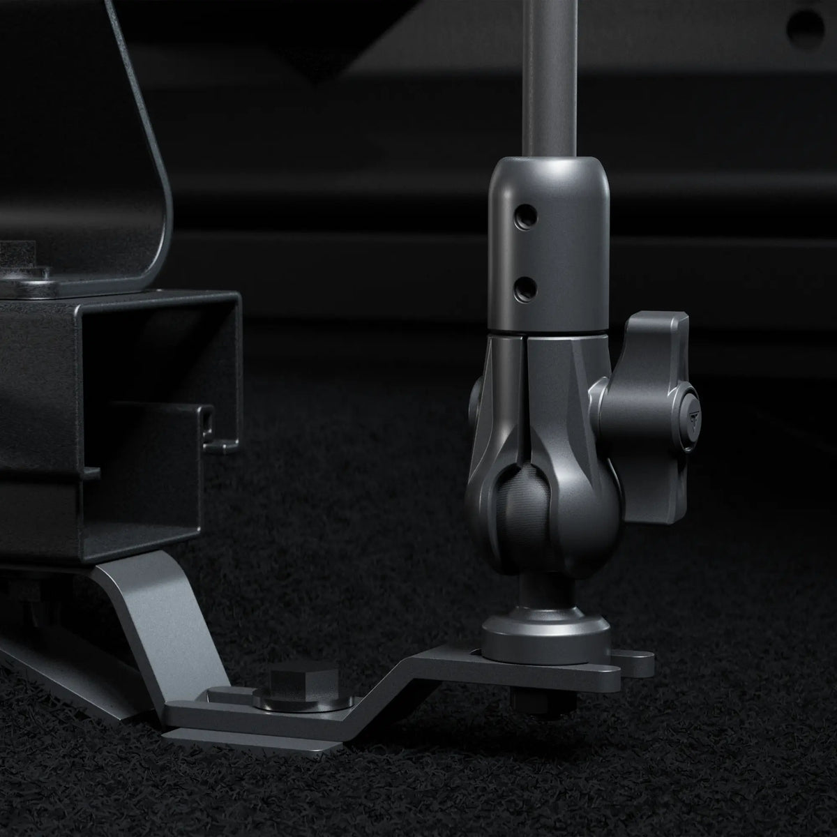 Tackform seat rail floor bolt phone mount with rigid flex arm for universal fit