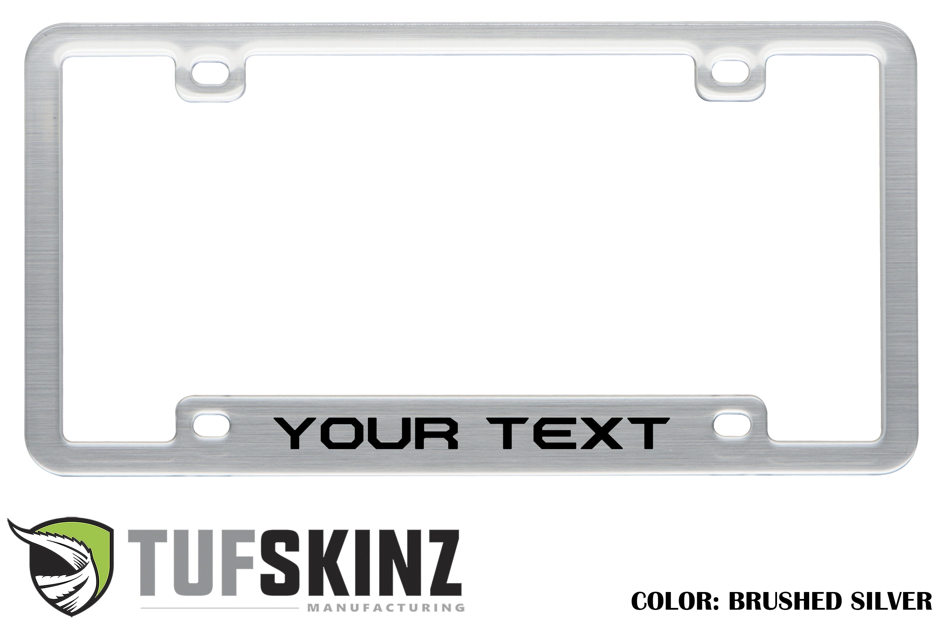 Brushed silver custom license plate frame with YOUR TEXT engraving, for trucks or SUVs.