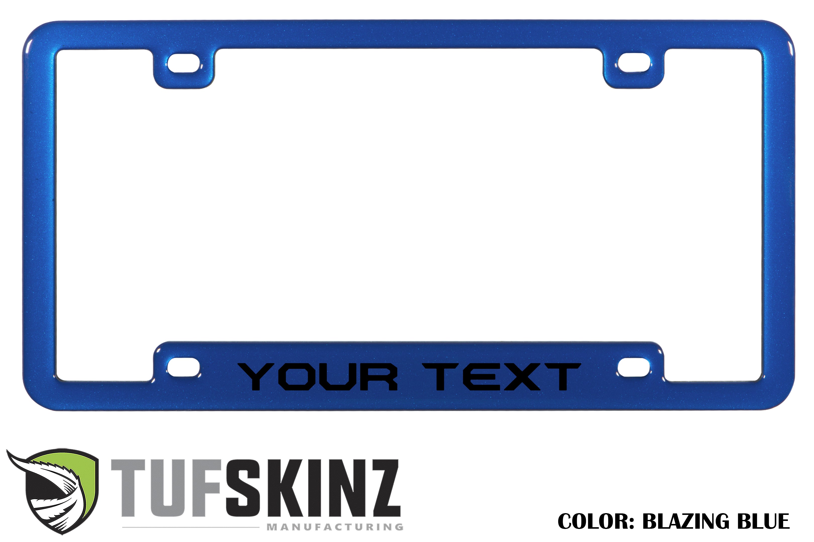 Blazing blue customizable license plate frame for trucks and off-road vehicles