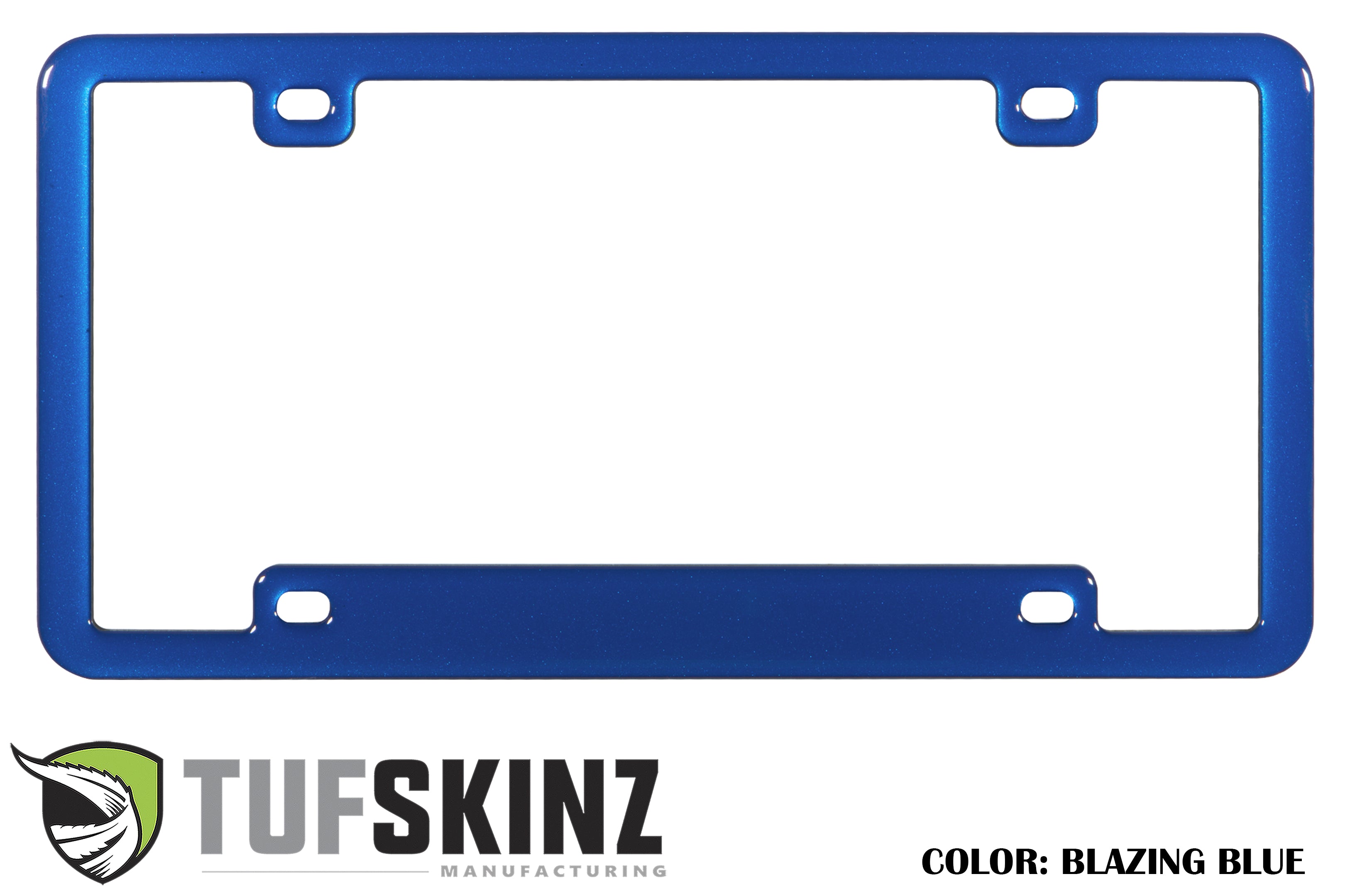 Blazing blue license plate frame for Toyota, Jeep, and Ford overlanding vehicles.