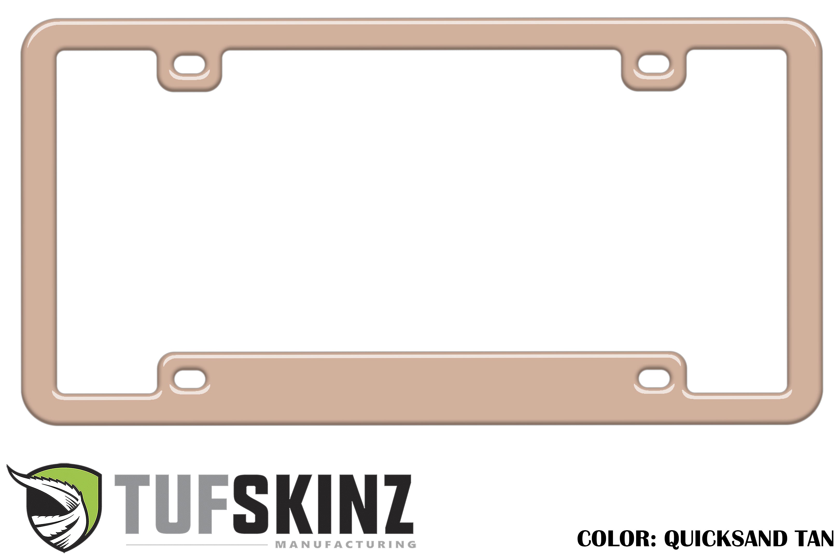 Quicksand tan license plate frame for trucks and off-road vehicles, Tufskinz logo shown