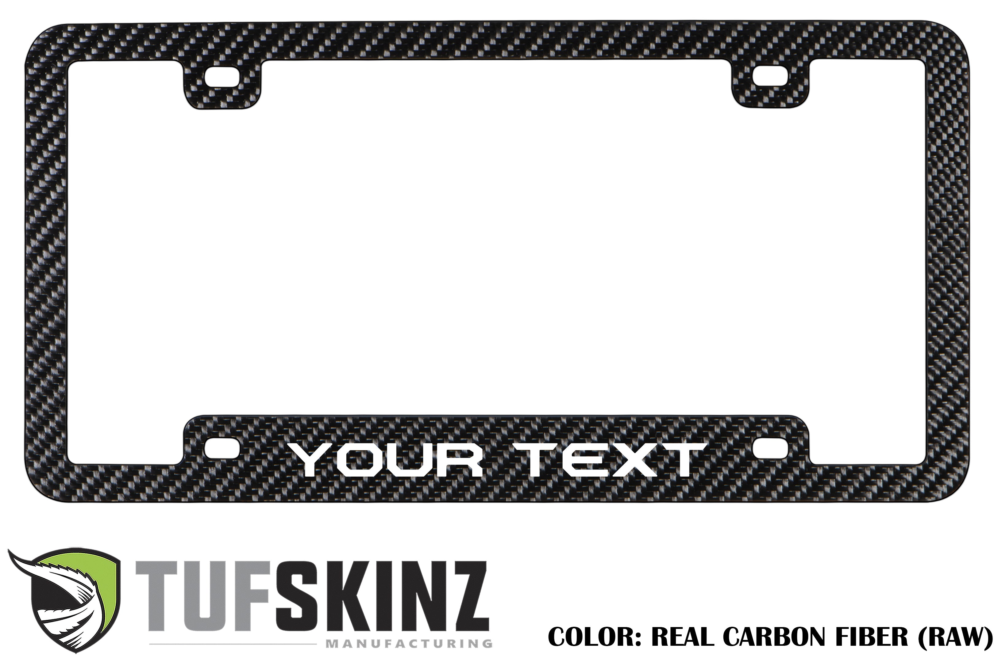 Custom carbon fiber license plate frame with YOUR TEXT design for Toyota or Jeep vehicles.