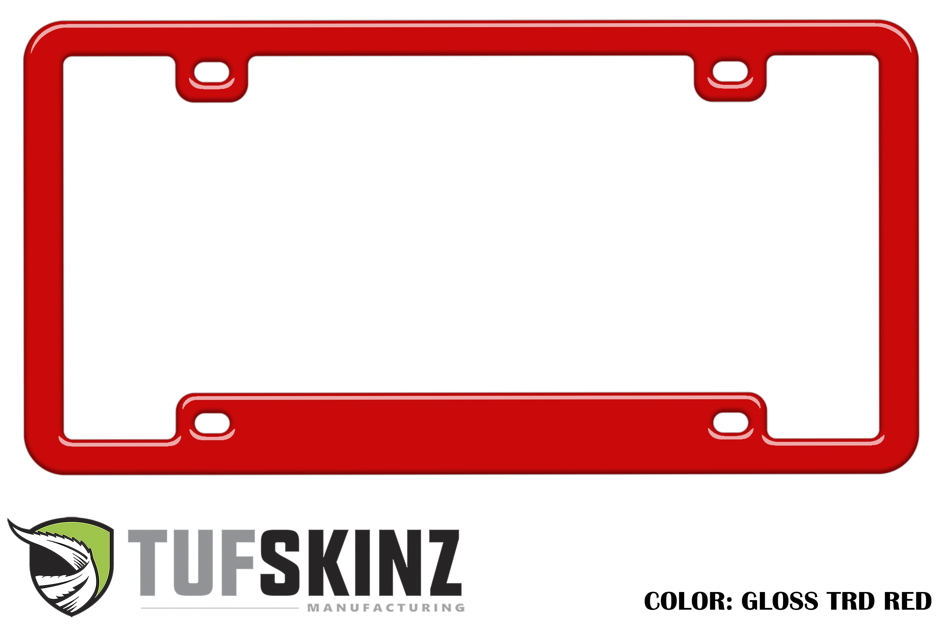 Gloss red license plate frame accessory for vehicles, four mounting holes, Tufskinz logo