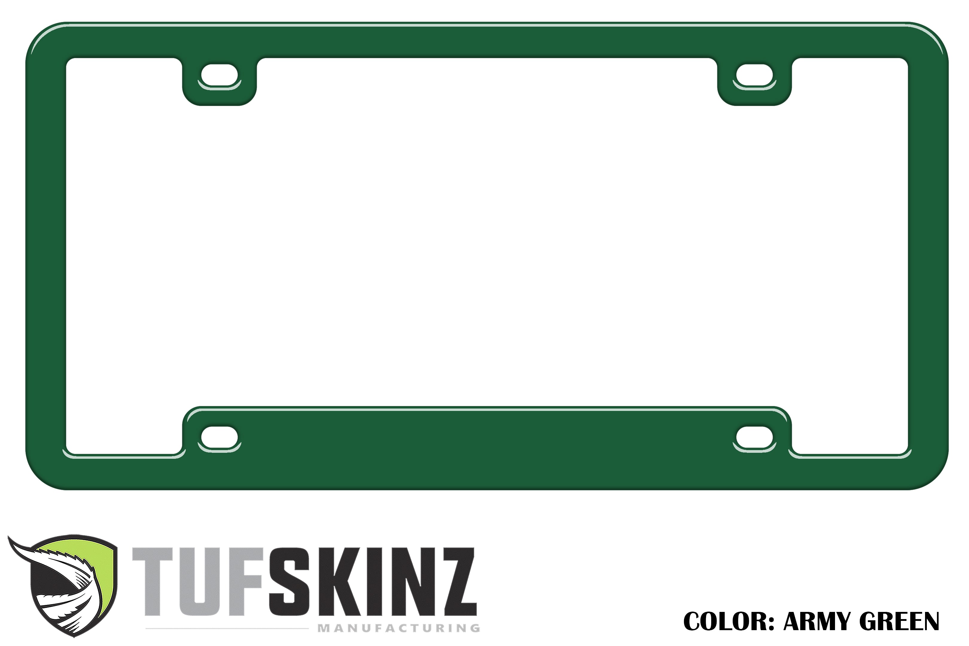 Army green license plate frame for off-road vehicles, TufSkinz logo at bottom