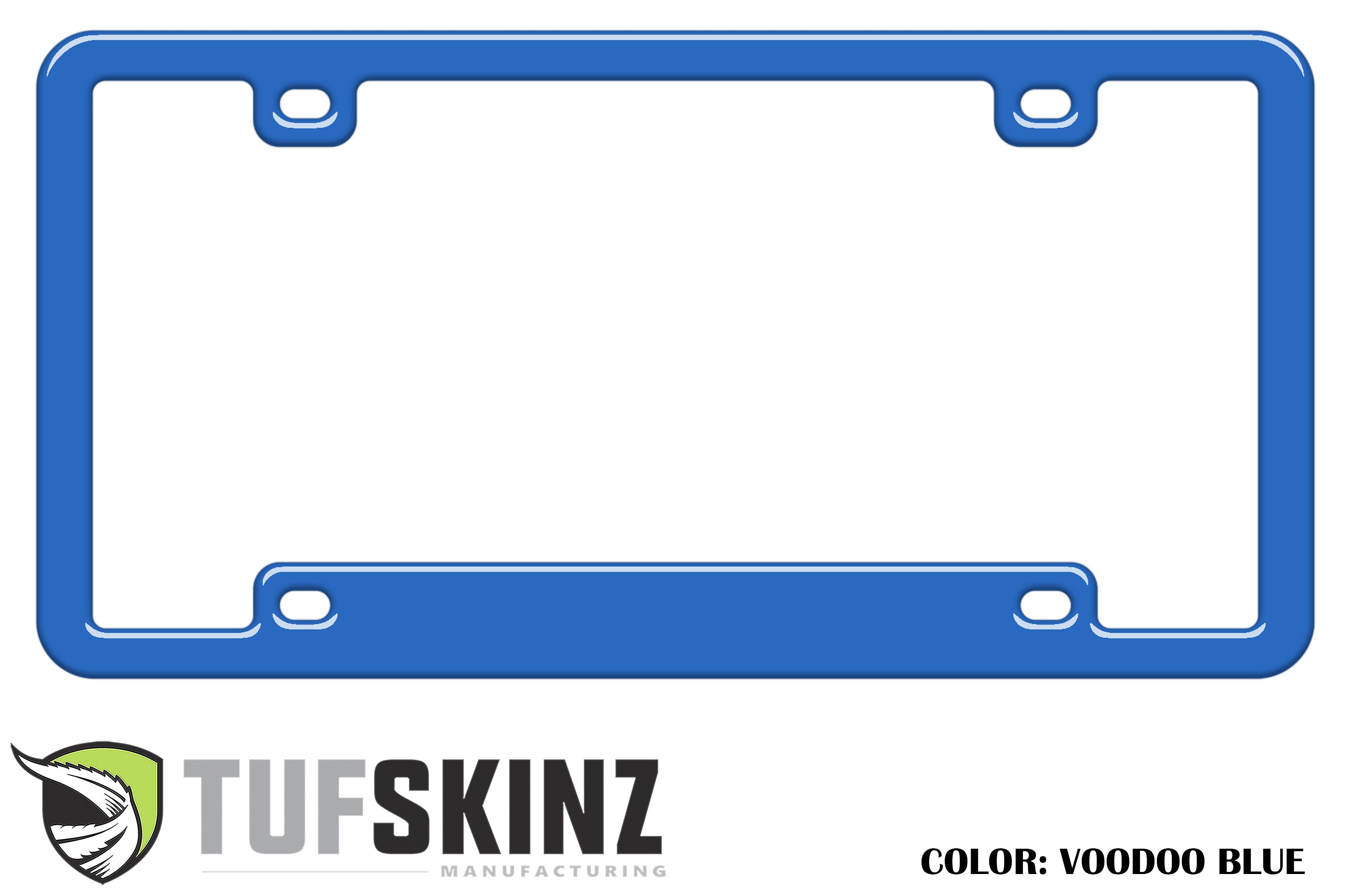 Voodoo Blue license plate frame with Tufskinz logo, ideal for Toyota, Jeep, Ford vehicles.