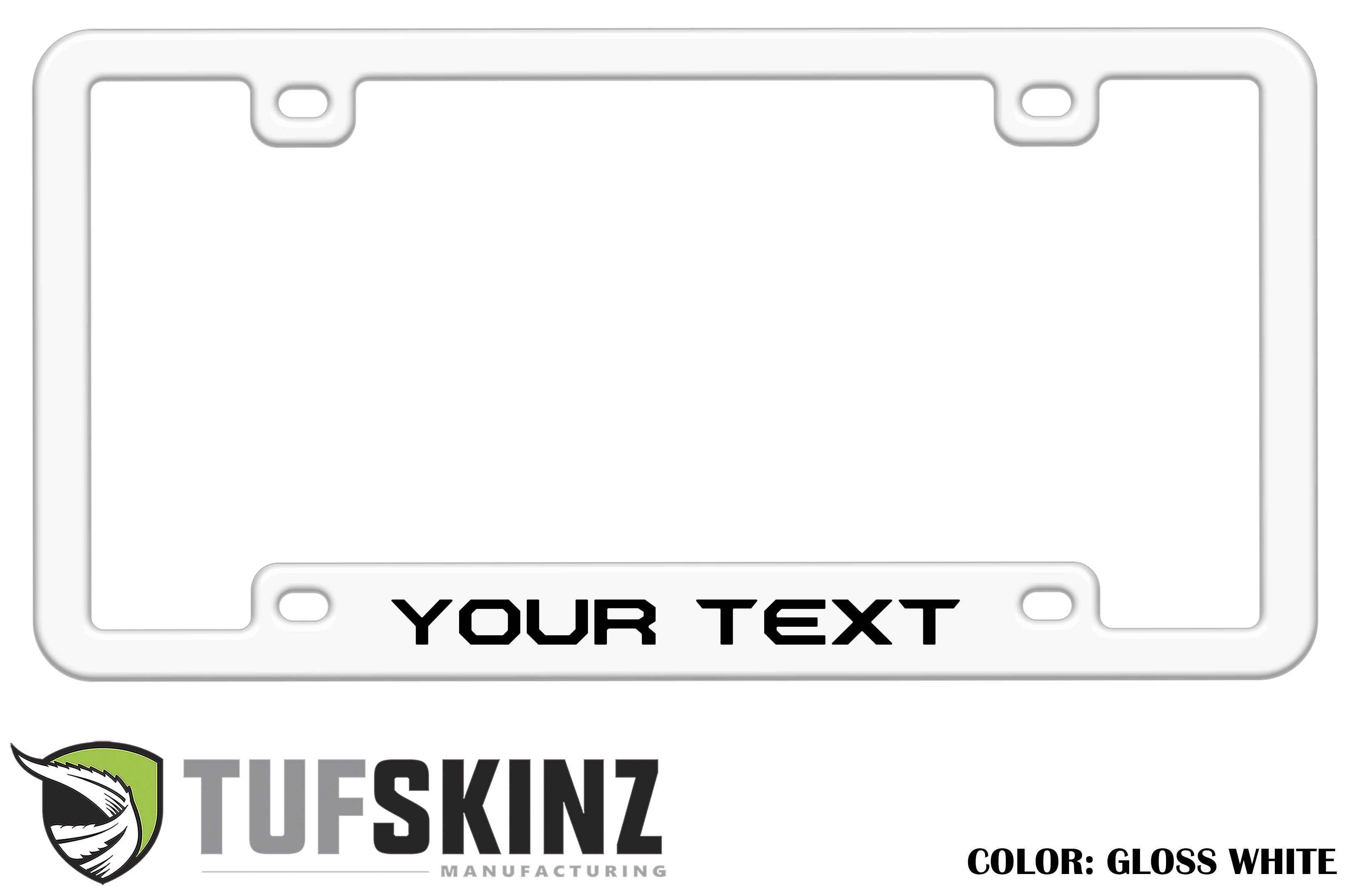 Gloss white custom license plate frame with 'YOUR TEXT' placeholder, ideal for vehicles