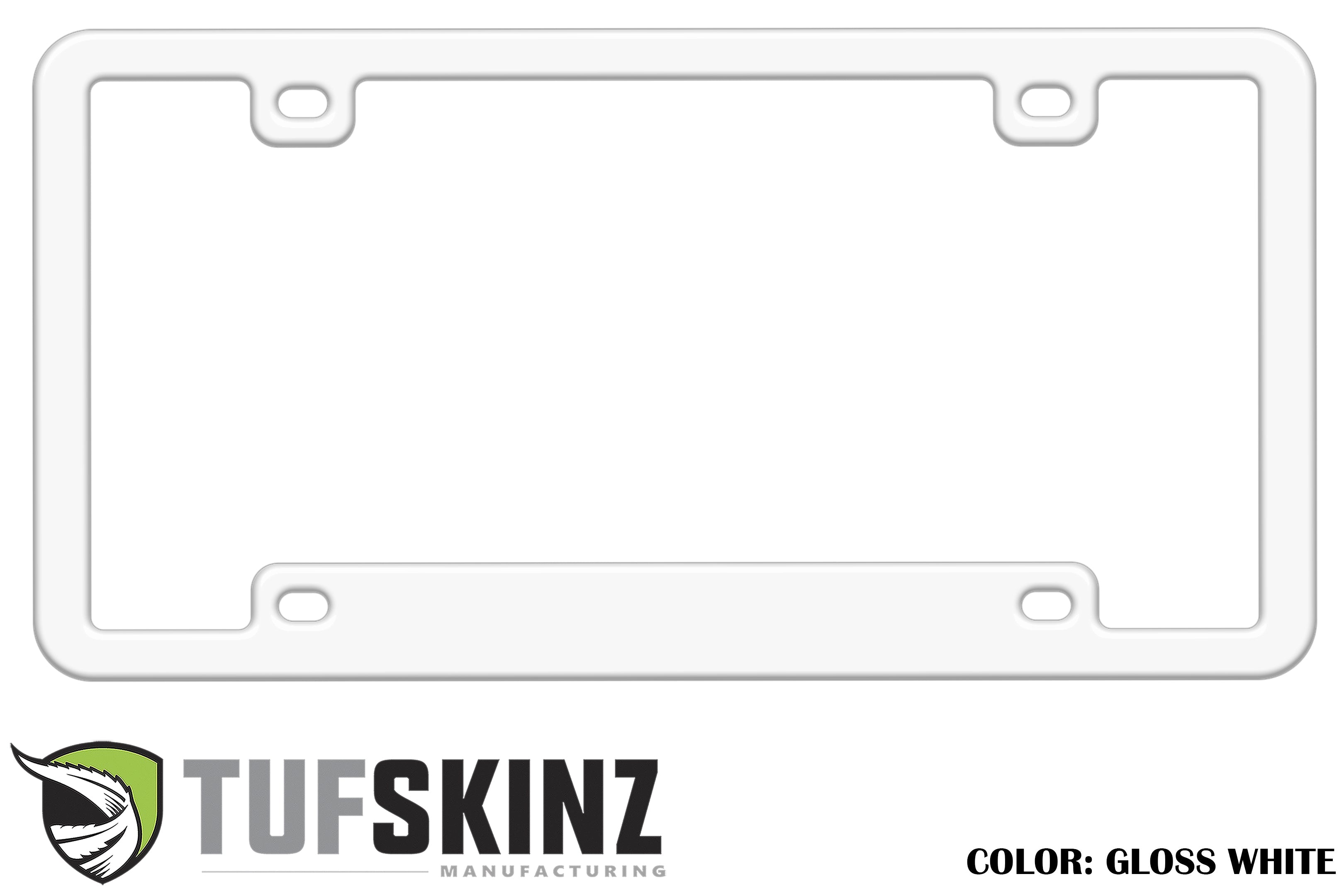 Gloss white license plate frame with mounting holes, Tufskinz logo at the bottom
