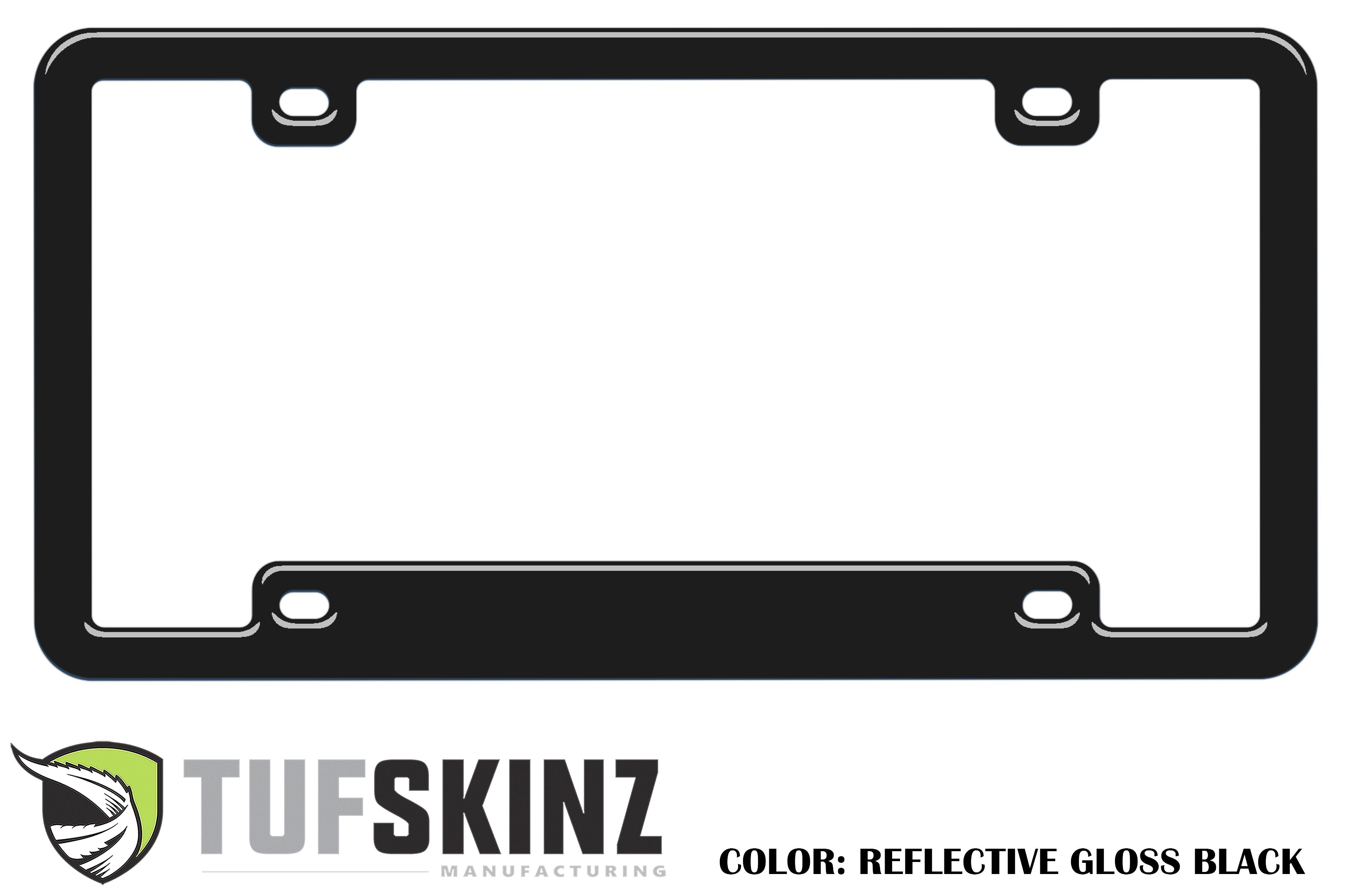 Reflective gloss black license plate frame, Tufskinz logo, overland vehicle accessory
