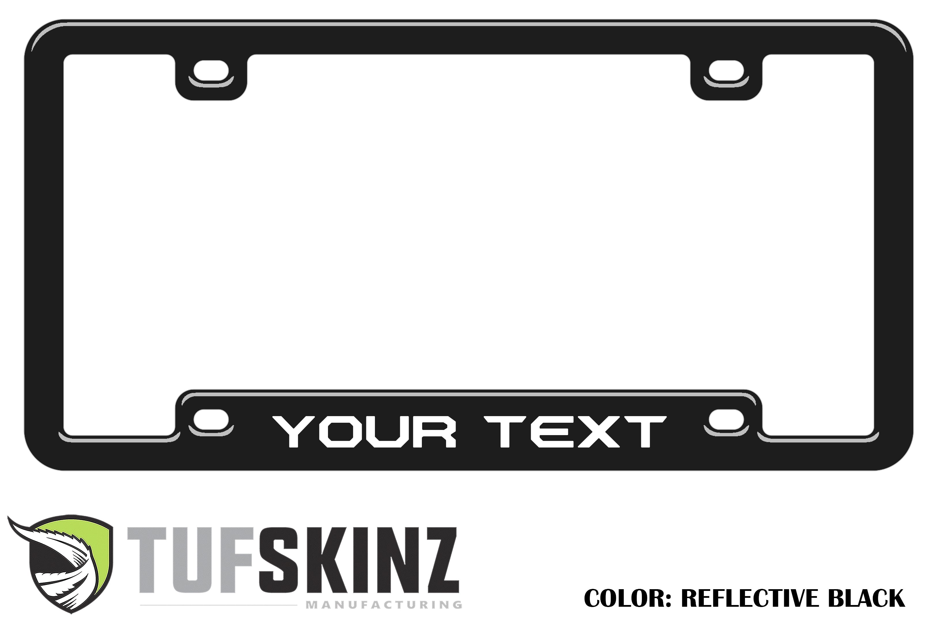 Reflective black license plate frame with customizable text for trucks or SUVs
